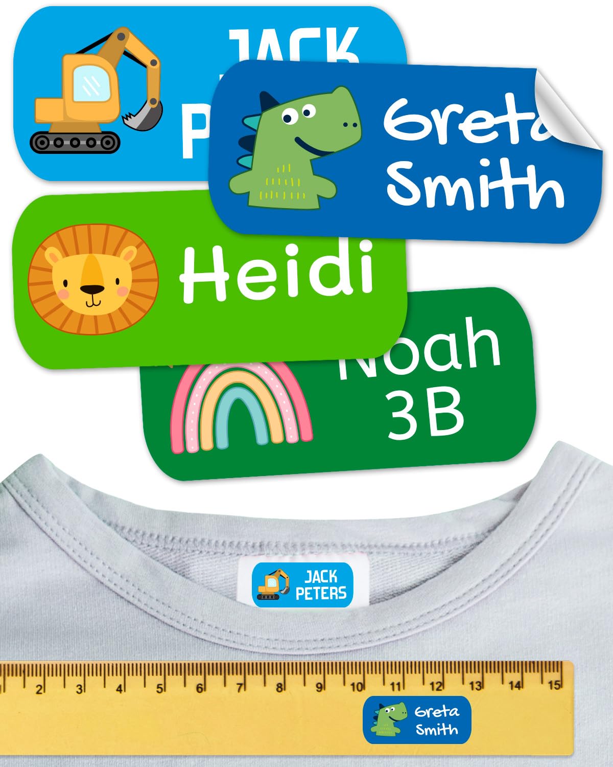 50 Etiquetas para ropa SIN PLANCHAR resistentes a los lavados. Pegatinas personalizadas para material escolar. Etiquetas Adhesivas para niños, guardería y colegios. Paleta 5