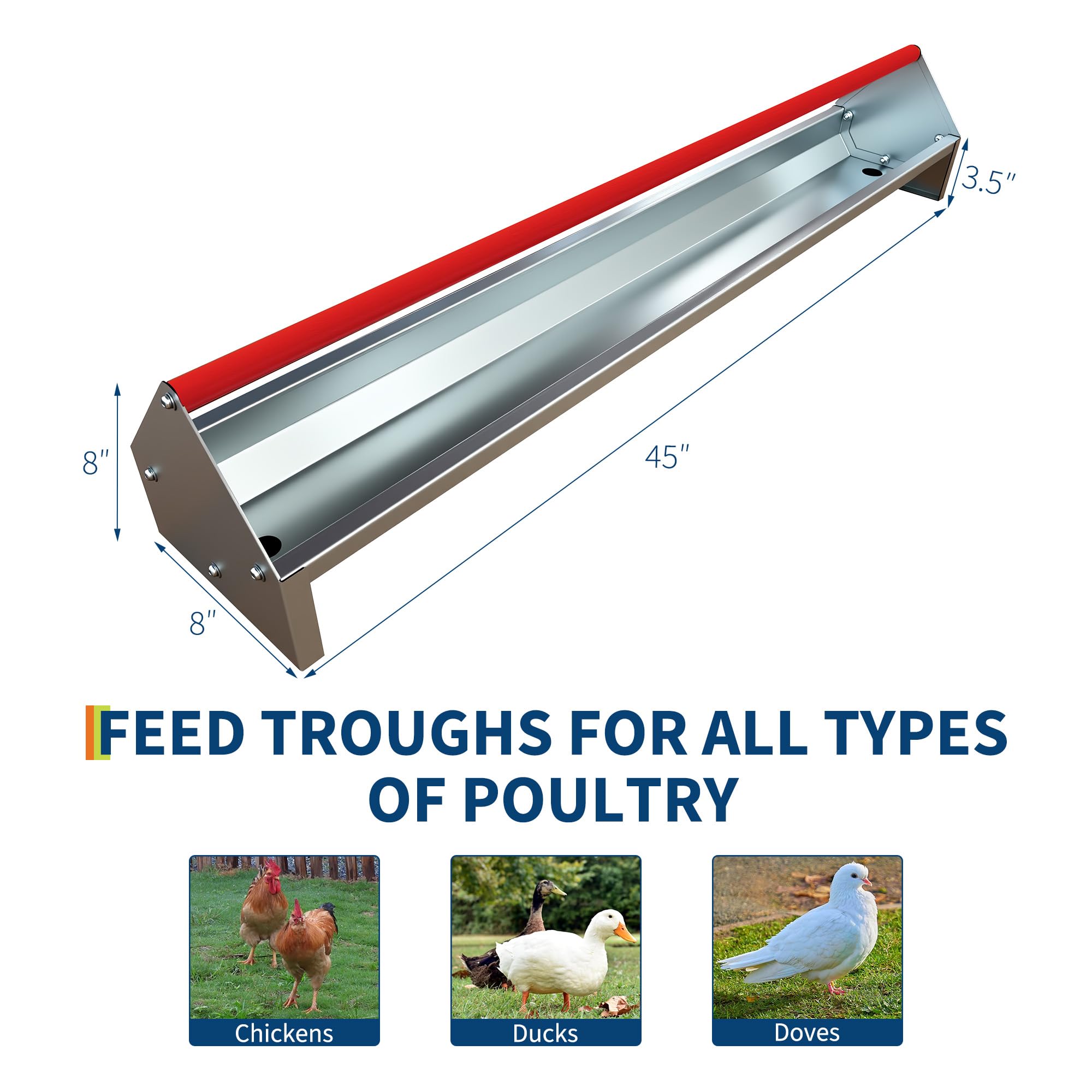 Garvee Comedero para Gallinas de 114,5 cm en Acero al Carbono con Barra Giratoria Roja y Orificios de Drenaje, Comedero de Gran Capacidad de 15L para Aves de Corral, Patos, Gansos y Pavos, Plateado