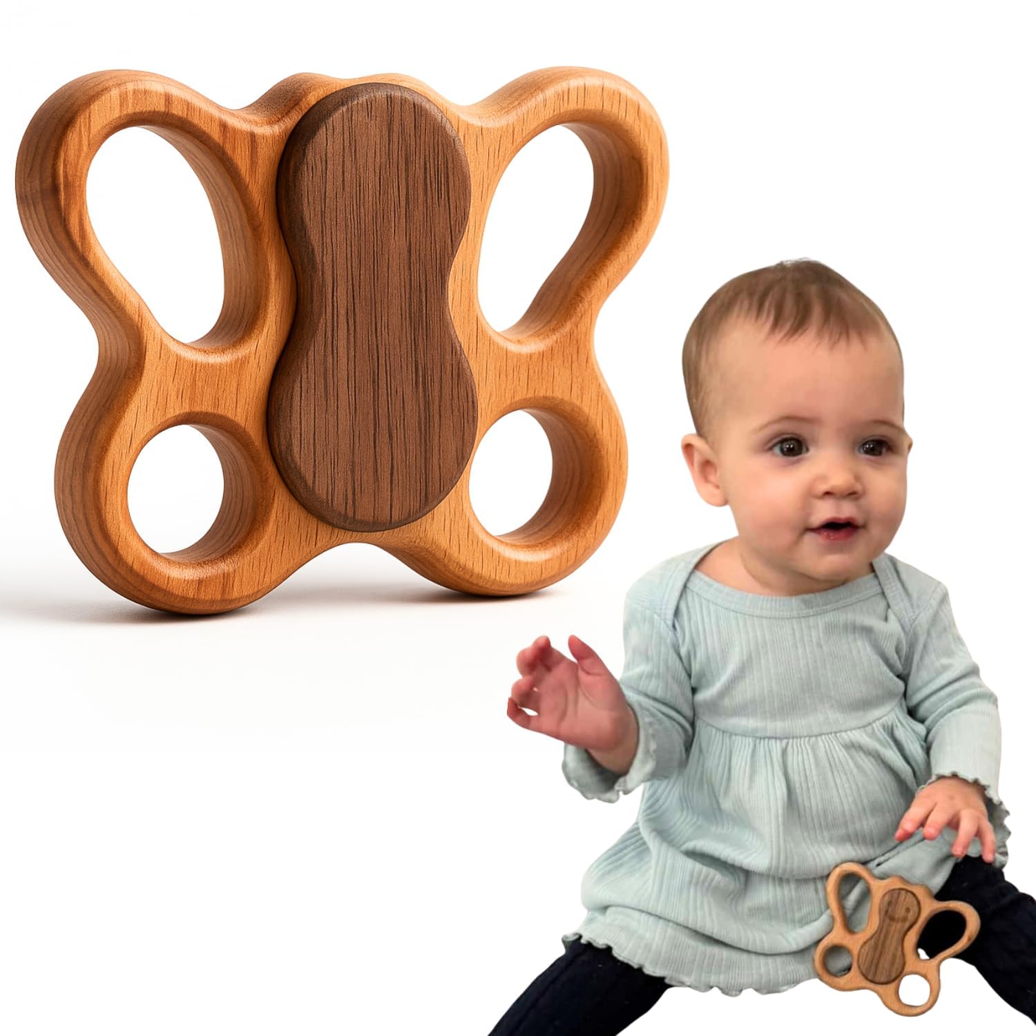 Baby Rattle Wooden Teether 0-12 Months - No BPA NO Plastic - Natural Montessori Baby Toys - Safe Teething Toys for Babies - 100% Beechwood Rattle Gift