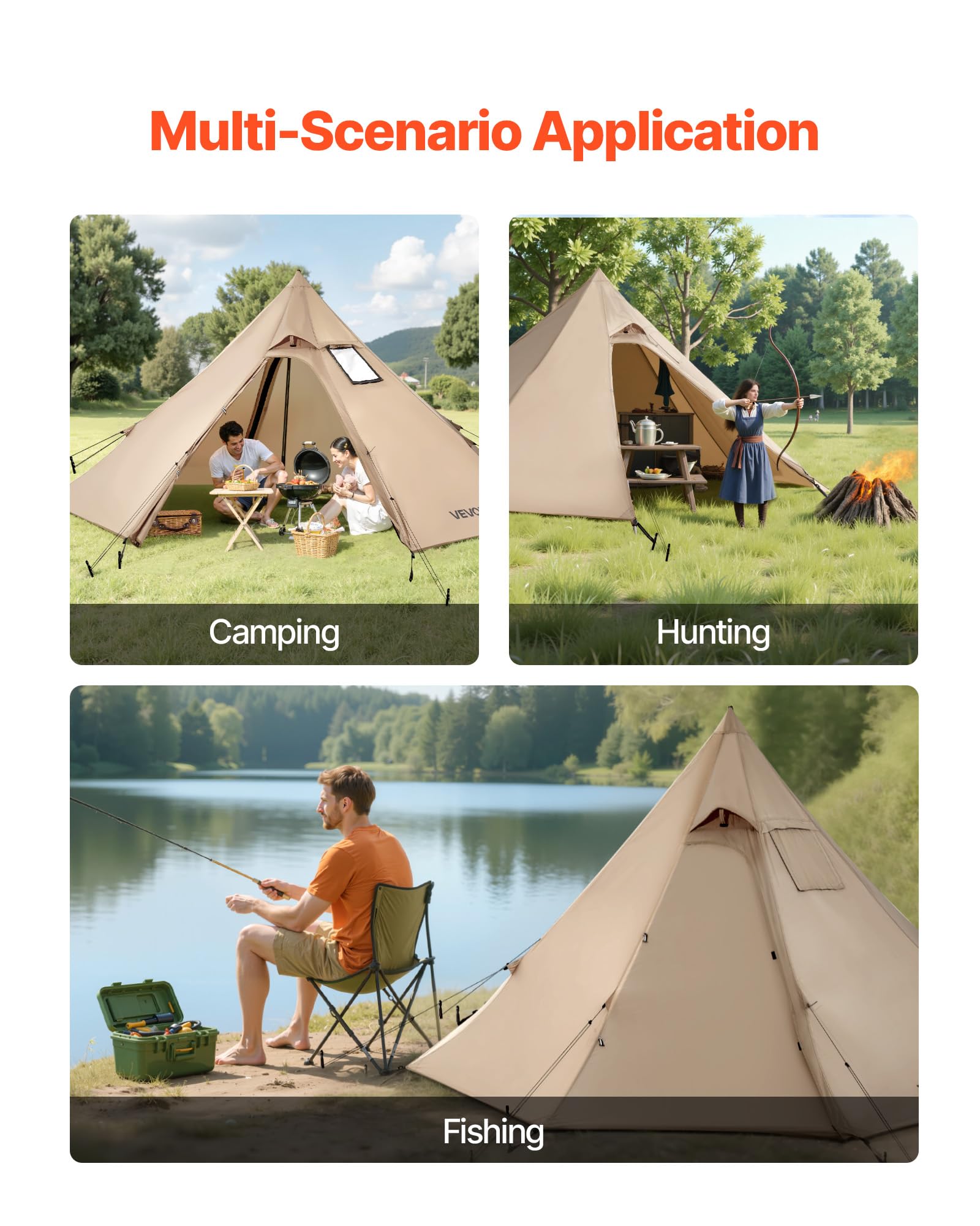 VEVOR Tipi przenośny namiot dla 2 osób, 320 x 320 x 160 cm ze złączem do pieca, wodoodporny namiot stożkowy z płótna na kemping, wędrówki, wędkowanie i plecakiem, rozmiar S