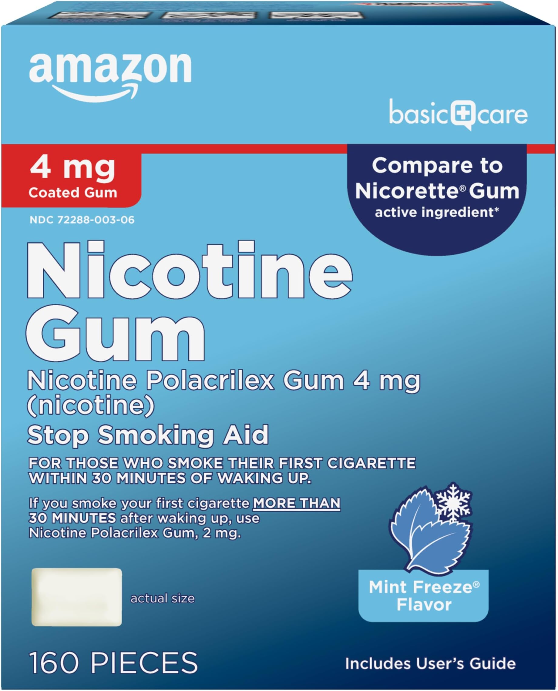 Amazon Basic Care Coated Nicotine Polacrilex Gum 4 mg, Ice Mint Flavor, Stop Smoking Aid, Nicotine Replacement Therapy, Reduces Withdrawal Symptoms, 160 Count