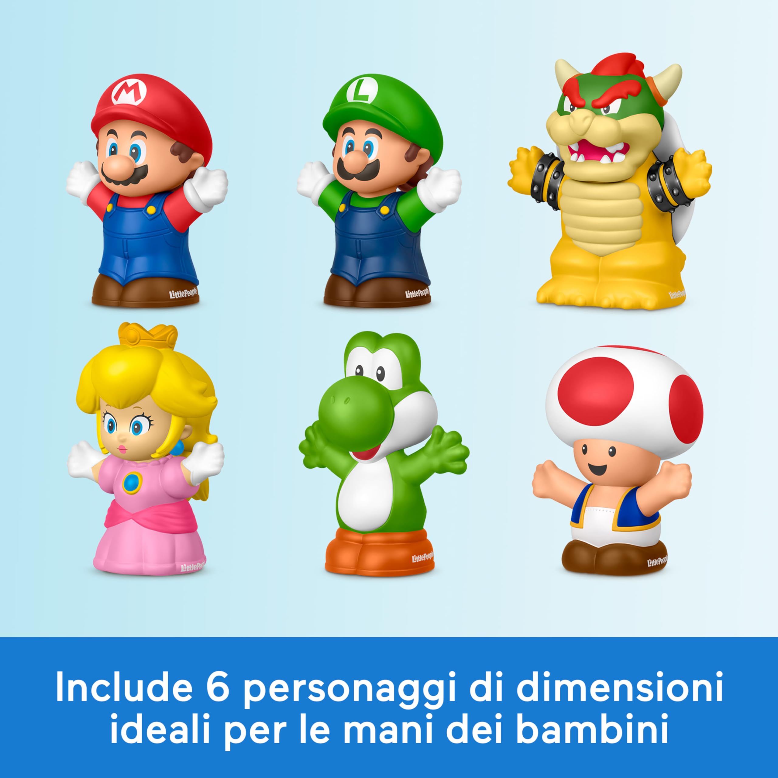 Fisher-Price Little People - My Mario, set con 6 personaggi dal mondo di Super Mario, include Mario, Luigi, Principessa Peach, Toad, Yoshi e Bowser, giocattolo per bambini, 1+ anni, JHG63
