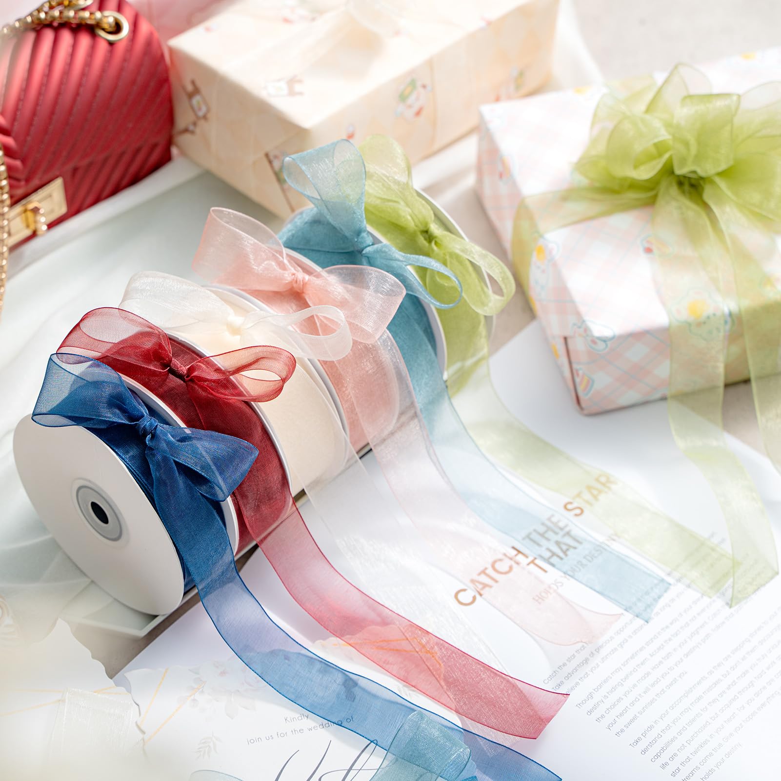 Ruban Emballage Mariage 3 Rouleaux Ruban Mousseline De Soie - 5m X 4cm - Rose - Pour Emballage Cadeau, Déco Mariage, DIY Accessoire Deco Mariage