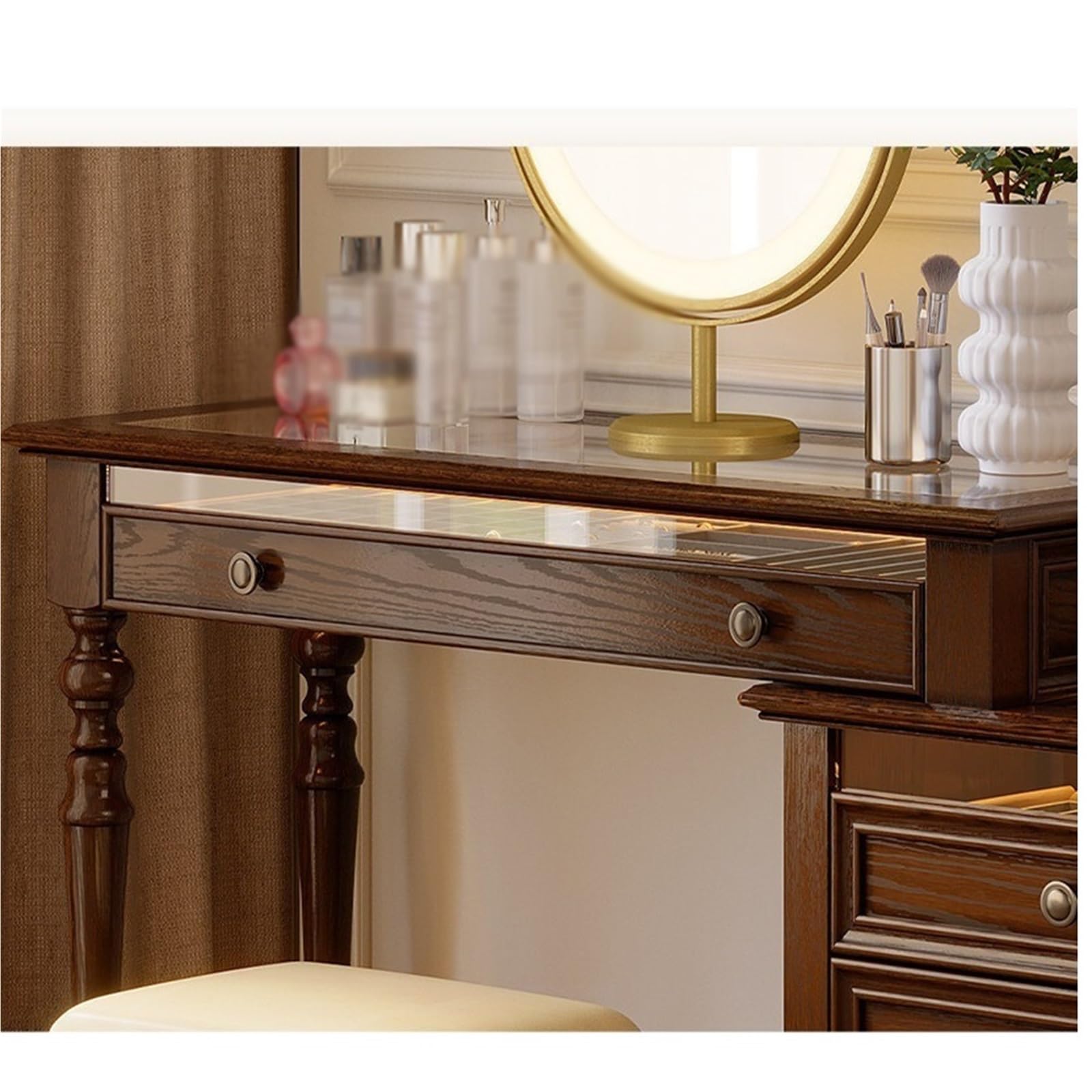 Toeletta Vanity Table vintage con sgabello a specchio for il trucco Vanità per il trucco della camera da letto
