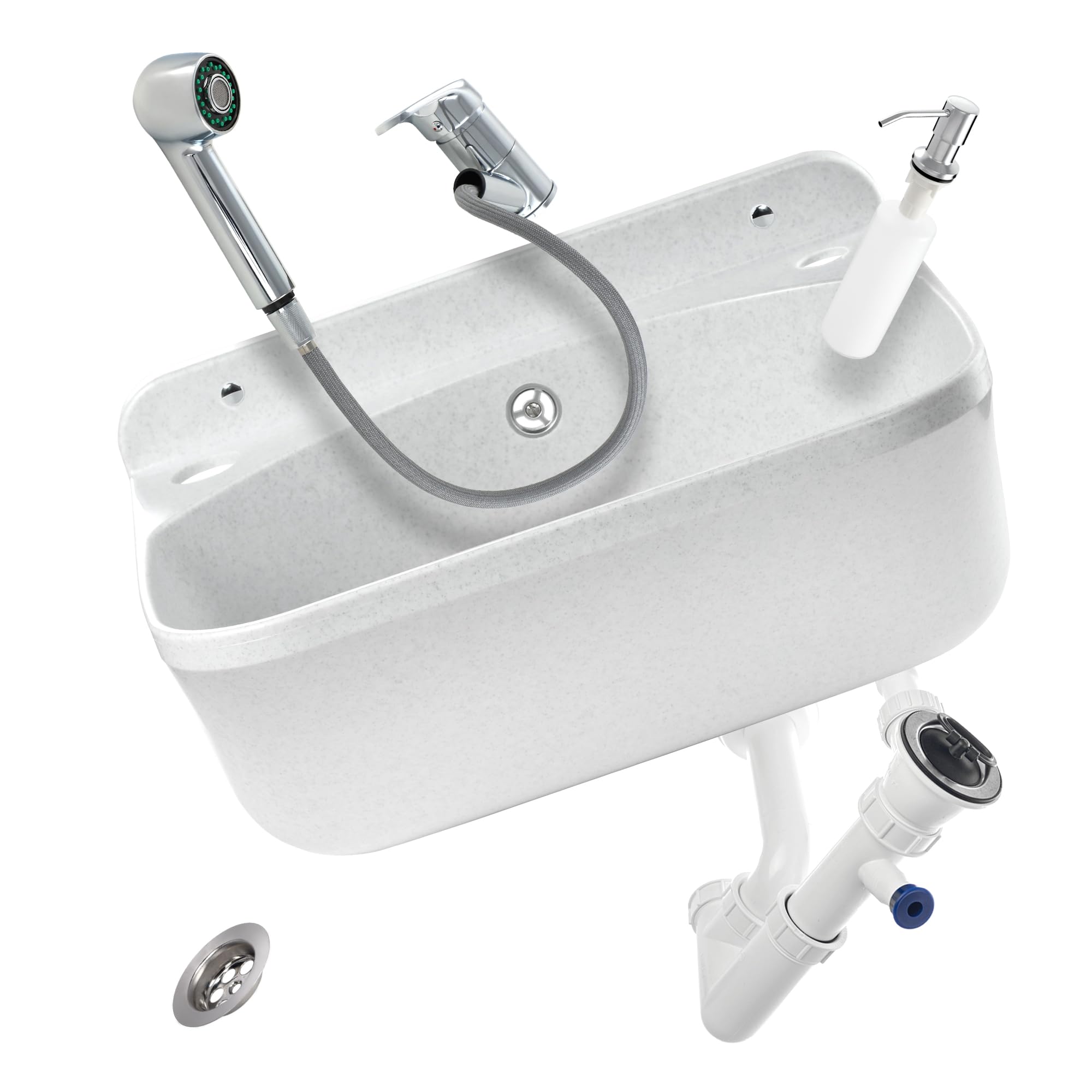 GOSPO Fregadero con grifo extensible, dispensador de jabón, sifón, lavabo, 46 x 36 x 20 cm, para garaje, sótano, lavabo, lavabo de pared, en placa, fregadero, incluye accesorios (blanco)