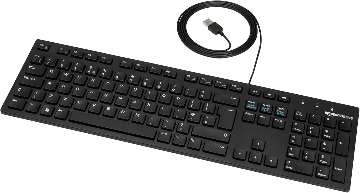 Amazon Basics Full size Wired Keyboard Compatible with Laptop PC Tablet, USB Plug-and-Play, QWERTY UK Layout, Matt Black Amazon Basics Full size Wired Keyboard Compatible with Laptop PC Tablet, USB Plug-and-Play, QWERTY UK Layout, Matt Black