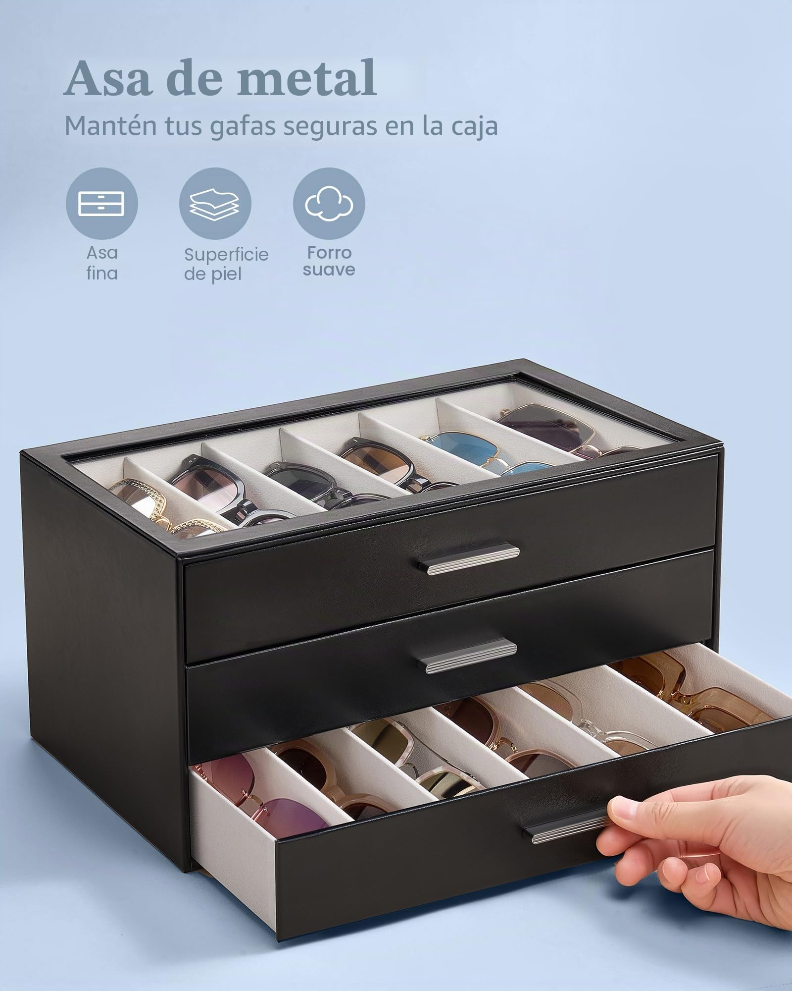 Lolalet Caja Organizadora de Gafas con Diseño de Cajón Deslizante, Estuche para Gafas de Sol y de Vista con Tapa Transparente,Almacenamiento y Exhibición Elegante para Mujer y Hombre,Ideal como Regalo
