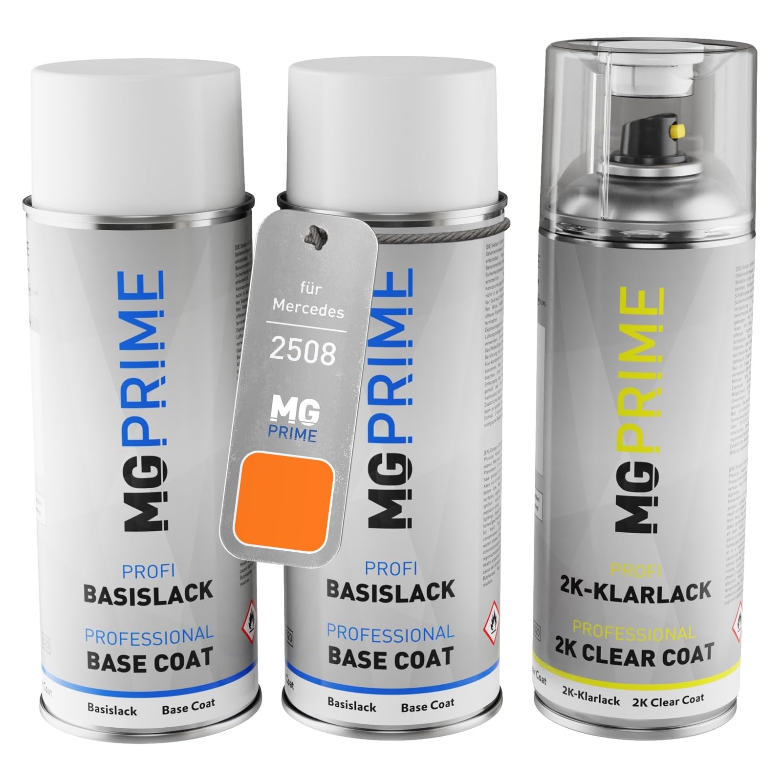 MG PRIME Vernice per auto Bombolette spray per Mercedes 2508 Echtorange +2K | Kit vernice di fondo + base + trasparente 2K, bombolette spray 400ml