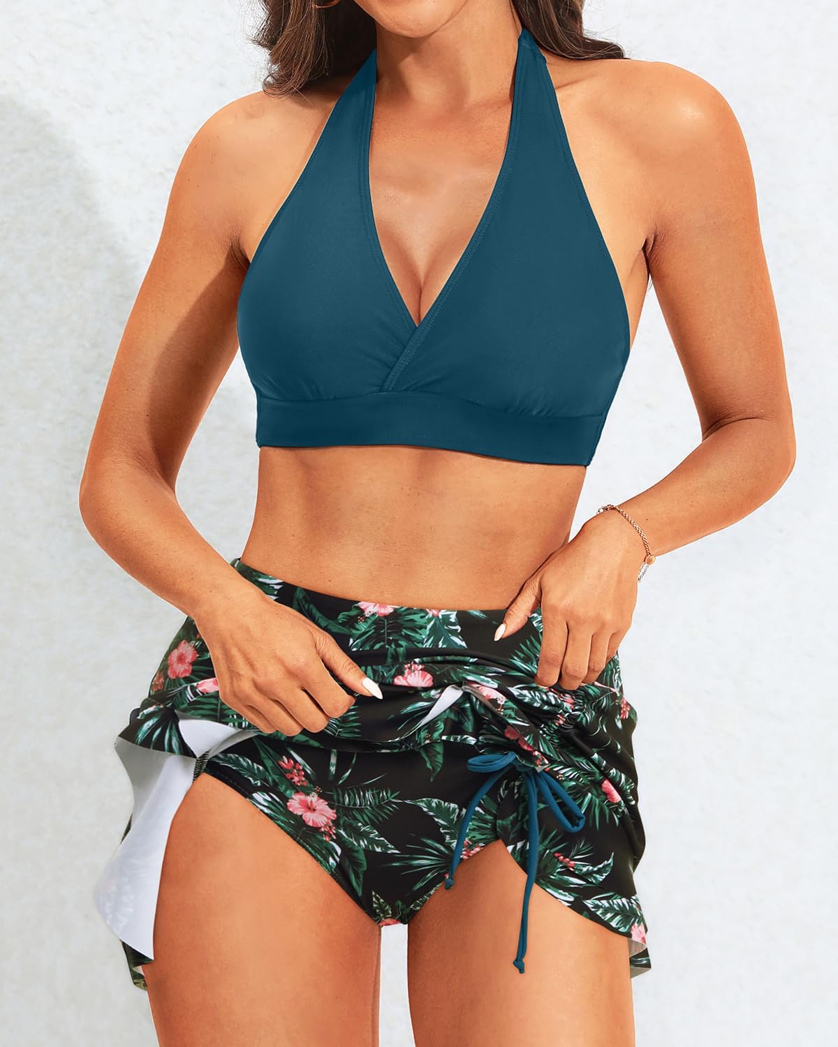 Yonique Womens High Waisted Bikini with Skirt Two Piece Swimsuit with Tummy Control Halter Bathing Suit - Image 3