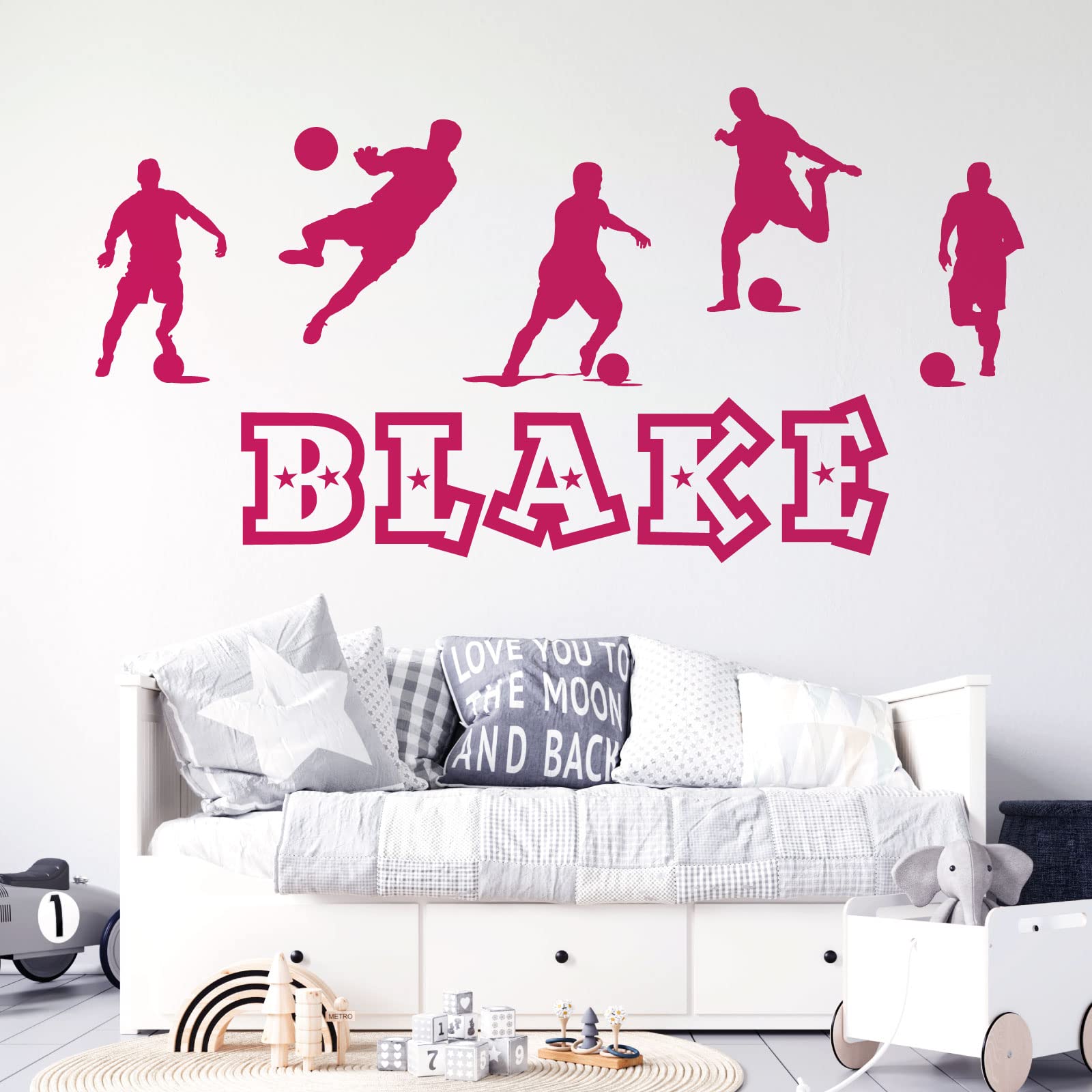 Personalised Name Boys Wall Art Sticker - Football, Soccer Game Silhouettes Theme [Medium] [Magenta]