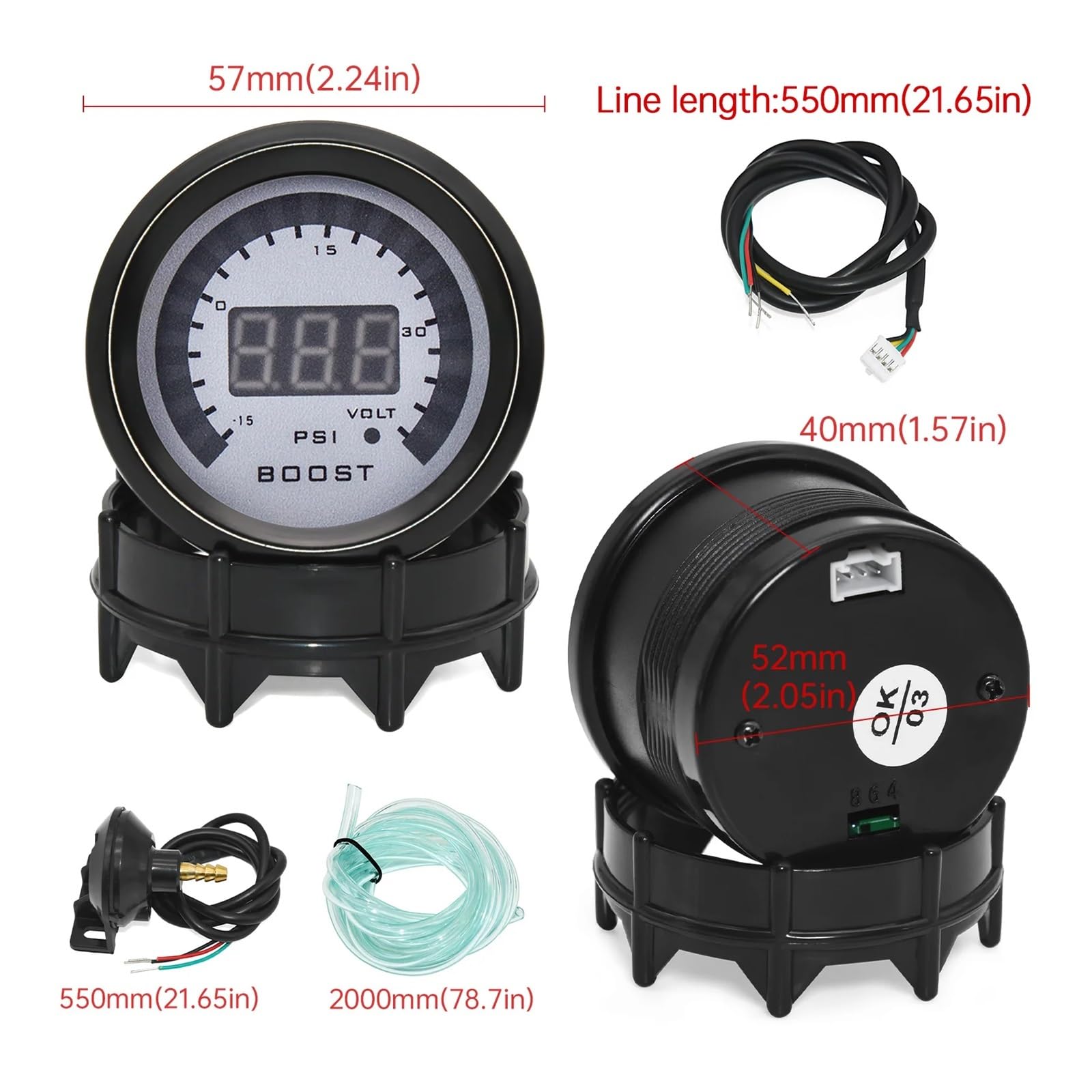 Ciśnieniomierz, Wskaźnik ciśnienia doładowania HD cyfrowy PSI BAR wskaźnik Turbo Boost woltomierz 52mm 12V LED, zestaw wyścigowy Turbo regulator ciśnienia(Boost gauge bar)