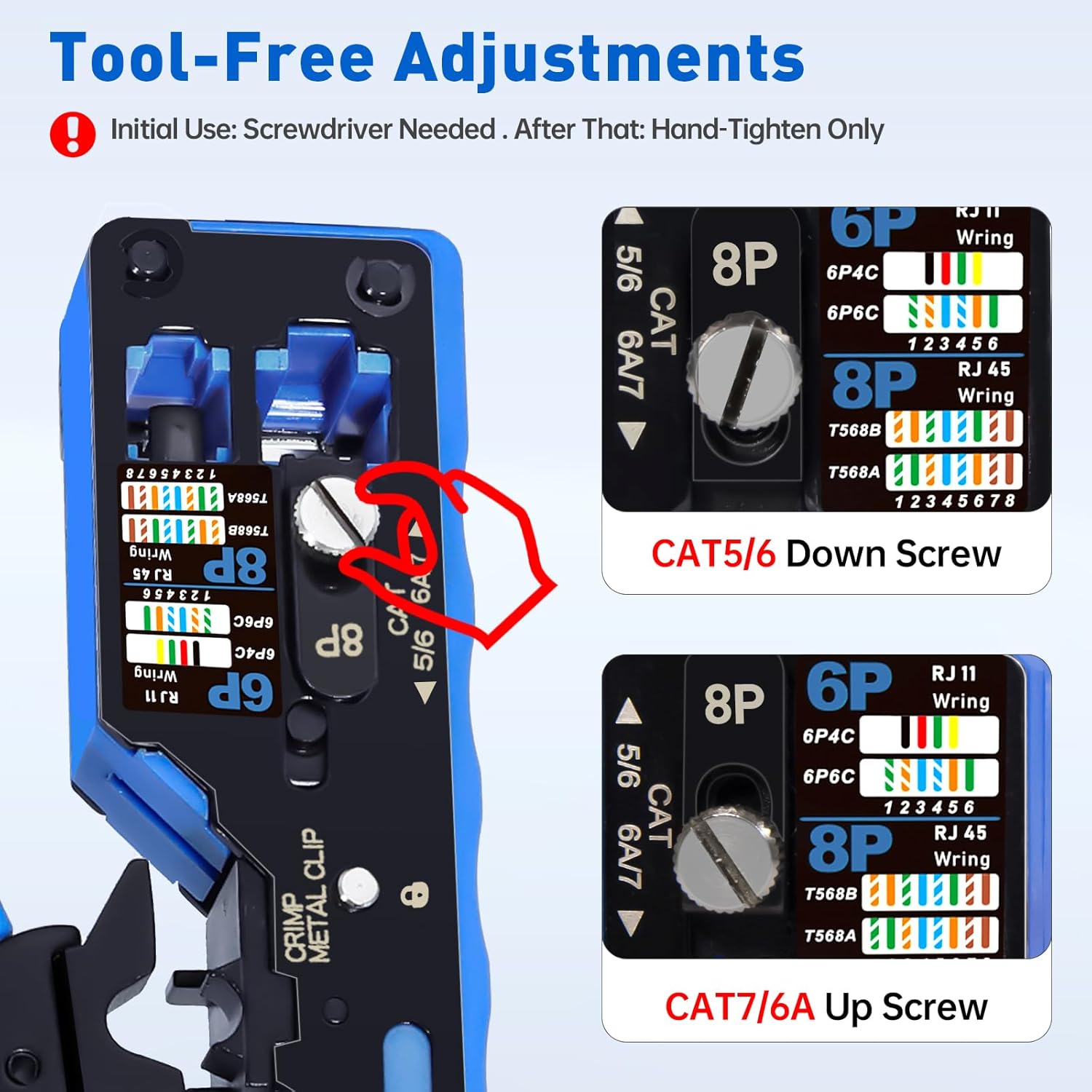 All-In-One RJ45 Crimp Tool with Hand-Twist Screw and Wire Terminal Crimper for CAT7/CAT6A/CAT6/CAT5E/CAT5, Ethernet Crimper RJ45 crimper RJ45 Pass Through Crimp Tool Ethernet Crimping Tool