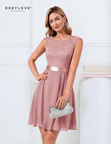 Miniatura 7 de BeryLove Vestidos cortos de graduación para mujeres y adolescentes, sin mangas, sueltos, línea A, vestido formal de encaje para invitadas de boda