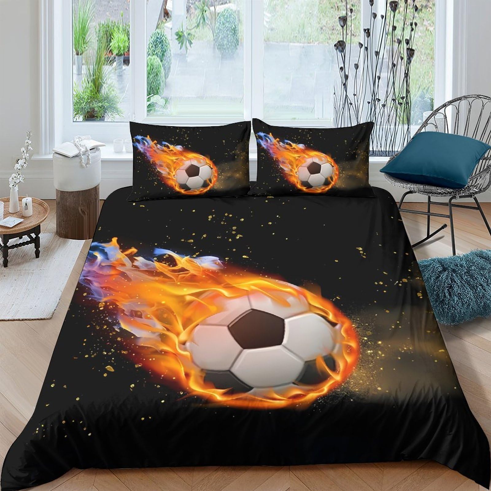 Ctjqhvkz Style-7 3D Printed Fire Soccer Fitted Sheet Microfiber Soft Black Flaming Ball Bed Cover For Bedroom Guest Room Decor Single（135X200cm）