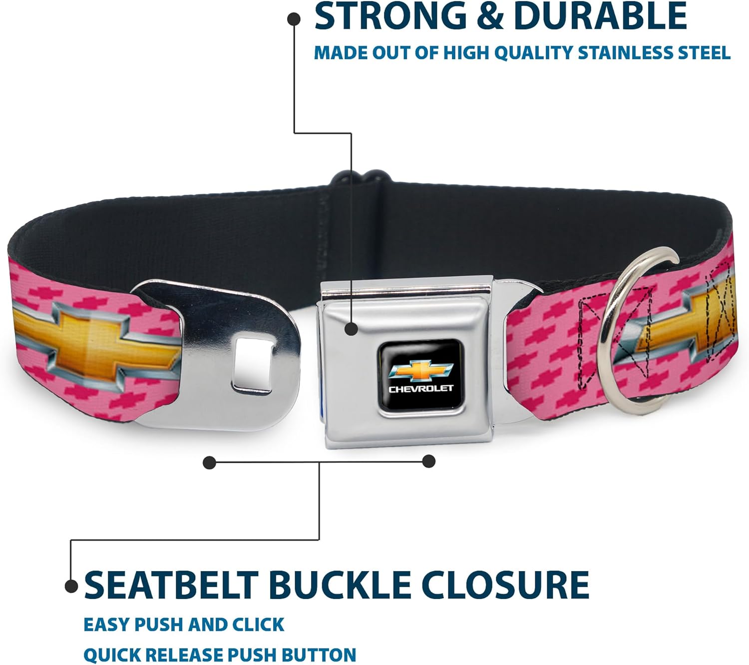 Buckle-Down Seatbelt Buckle Dog Collar - Chevy Gold Bowtie w/Logo PINK - 1" Wide - Fits 15-26" Neck - Large