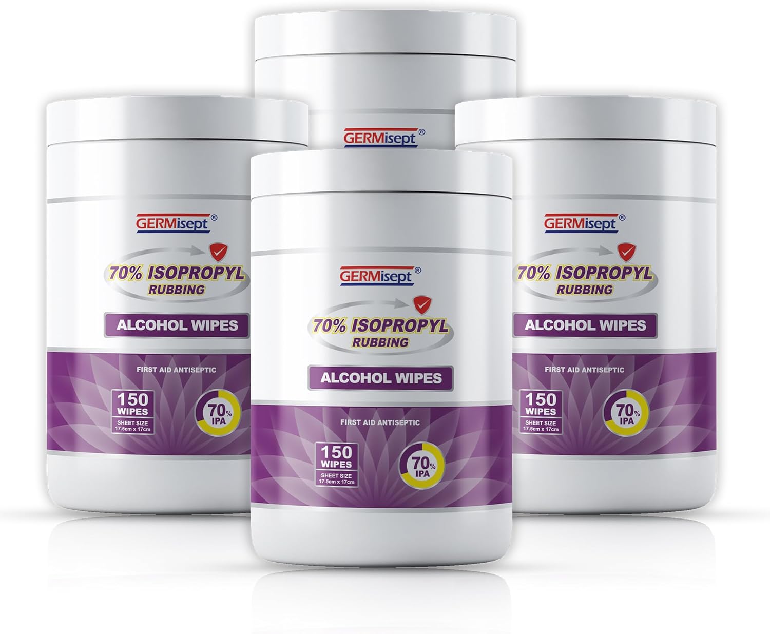 Germisept 70% Isopropyl Alcohol Wipes - First Aid Cleansing Cloths & Wipes - Bulk Buy (4 X 150 Canisters = 600 Wipes)