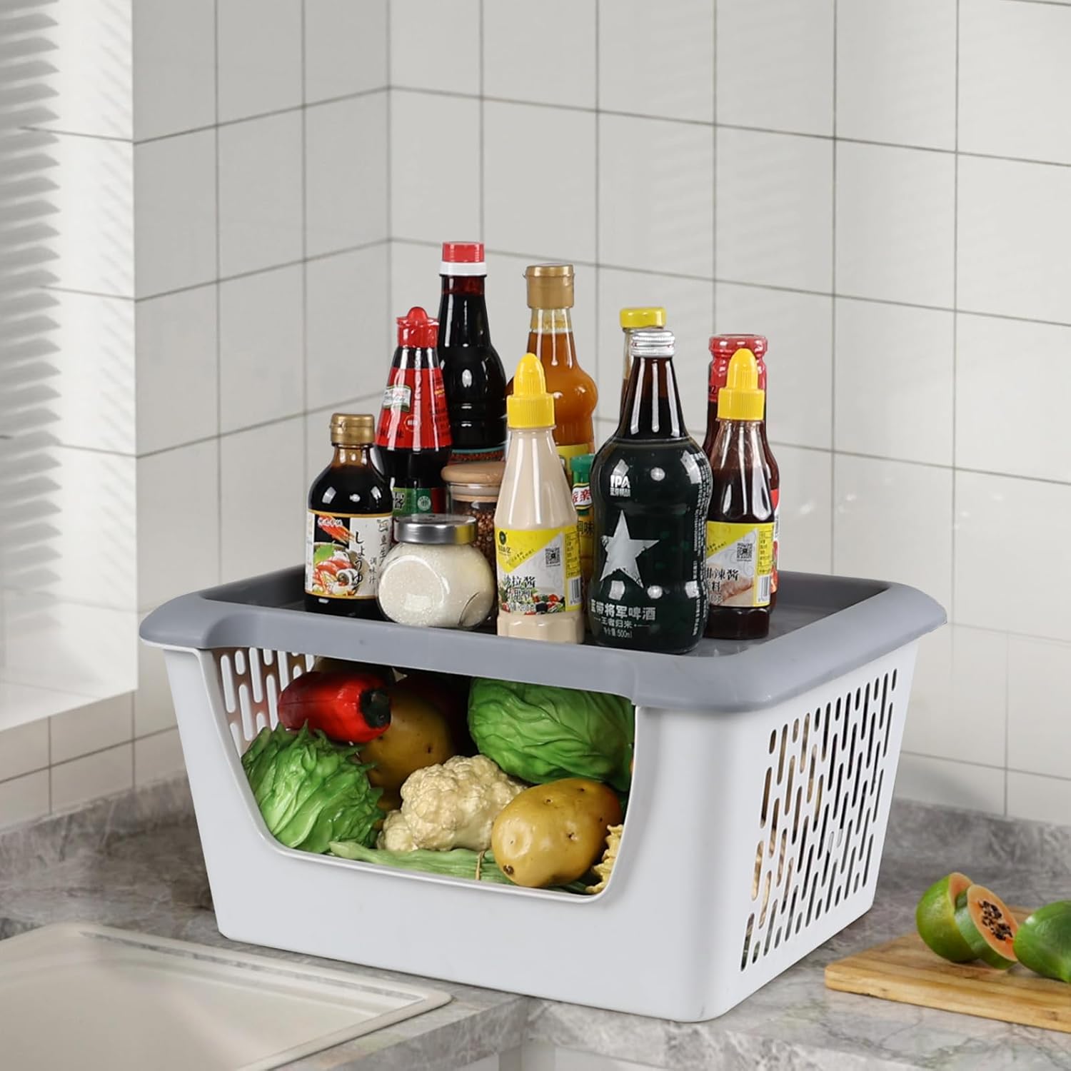 3 Tier Plastic Stackable Storage Baskets with Wheels, Rolling Stackable Basket, Gray