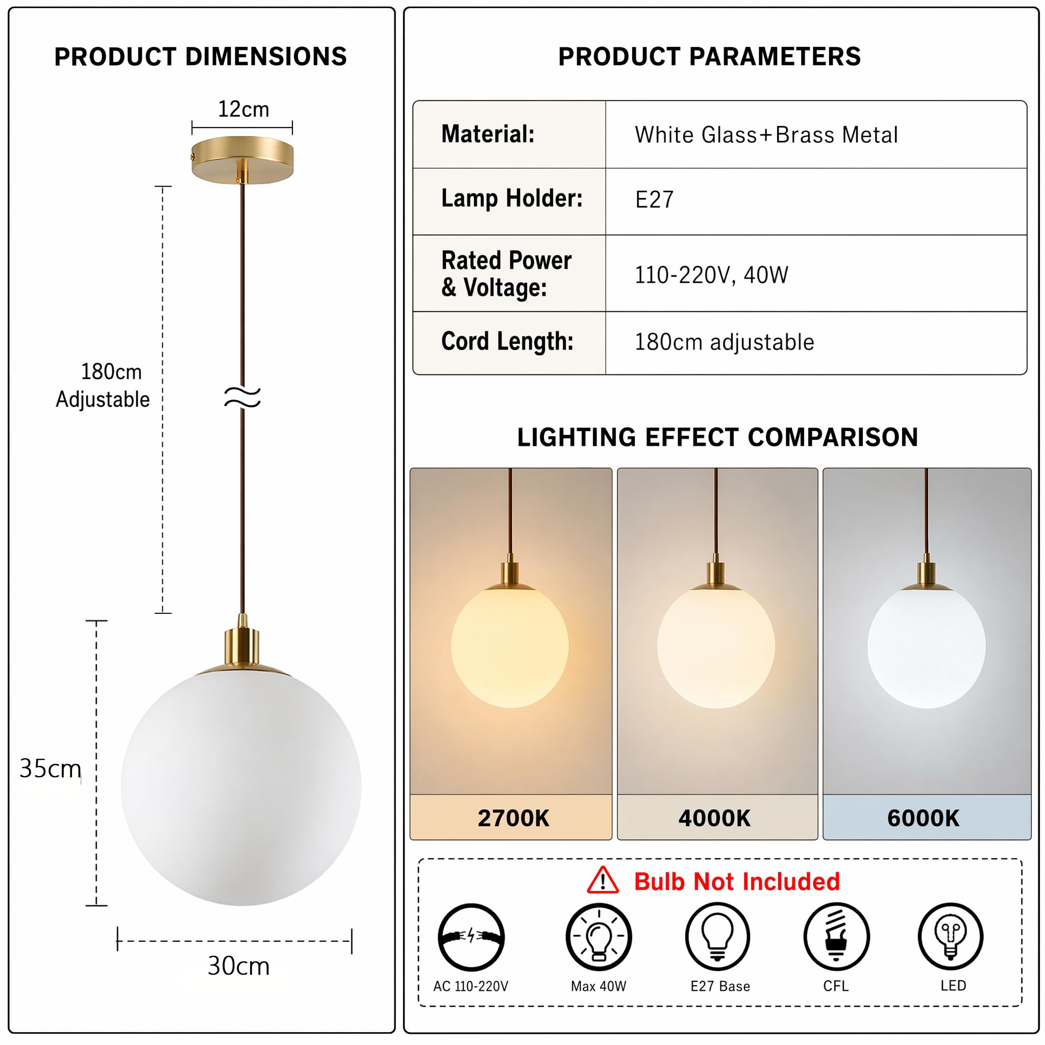 Minimalist Bereifte Weiße Glaskugel Pendelleuchte Moderne Hängelampe E27 Messing Geflochtene Litzenleiter Deckenleuchte für Schlafzimmer Salon Küche (30cm)