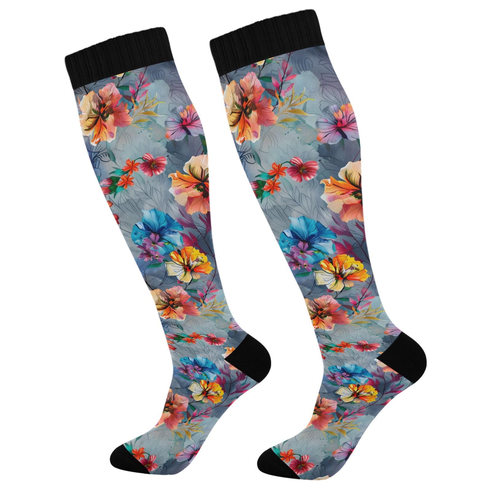 MFTJYO Bright Flowers Oil Floral Compression Socks for Women Men Circulation Long Knee High Socks for Athletic Sports Running