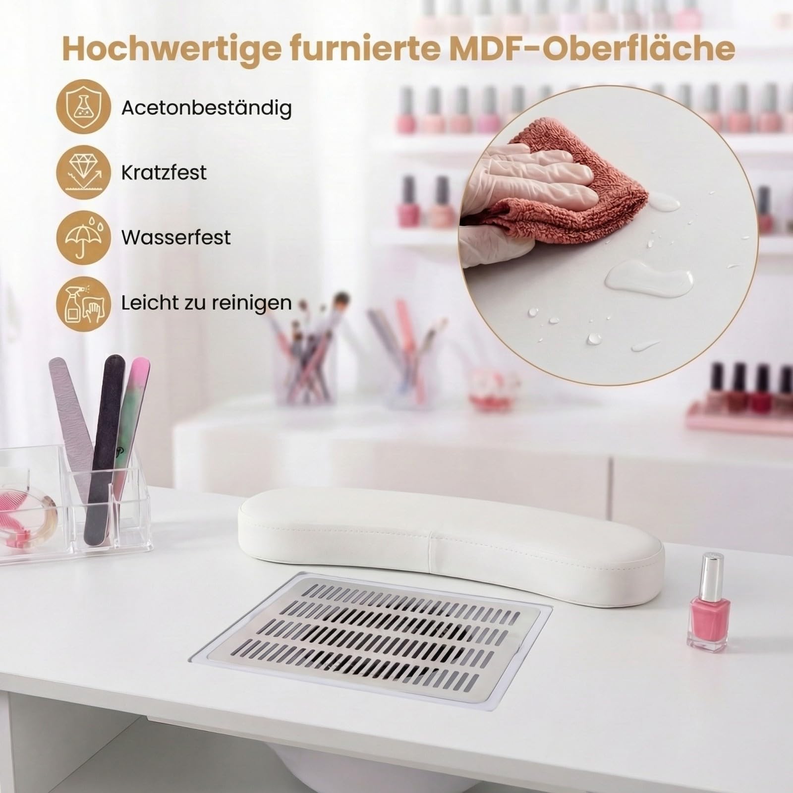 RELAX4LIFE Nageltisch, Manikürtisch mit Staubabsaugung, Handauflage & 3 Staubbeuteln, Nagel Tisch mit Schrank & 4 Schubladen, Maniküretisch mit abschließen Rollen für Nagelstudio & Maniküre (Weiß)