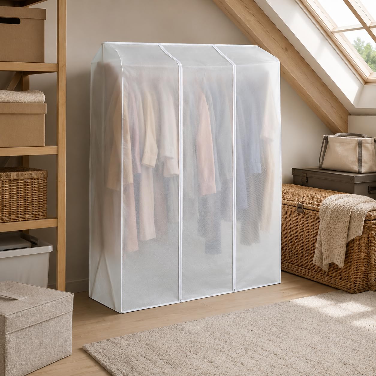 Clothes Rail Cover with Double Zip,Clothes Cover for Clothing Rail,Garment Covers Breathable,Clothes Rack Cover with Tie Straps,Non Woven Fabric,Clothes Storage Solution for Attic(White, 4FT)