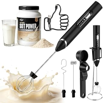 Mity Rain 4-in-1 Frother for Protein Powder, Adjustable-Waterproof, Protein Powder Scoop Funnel Set, Detachable Rechargeable Protein Mixer Wand for Coffee, Matcha, Milk, and Drinks New Black