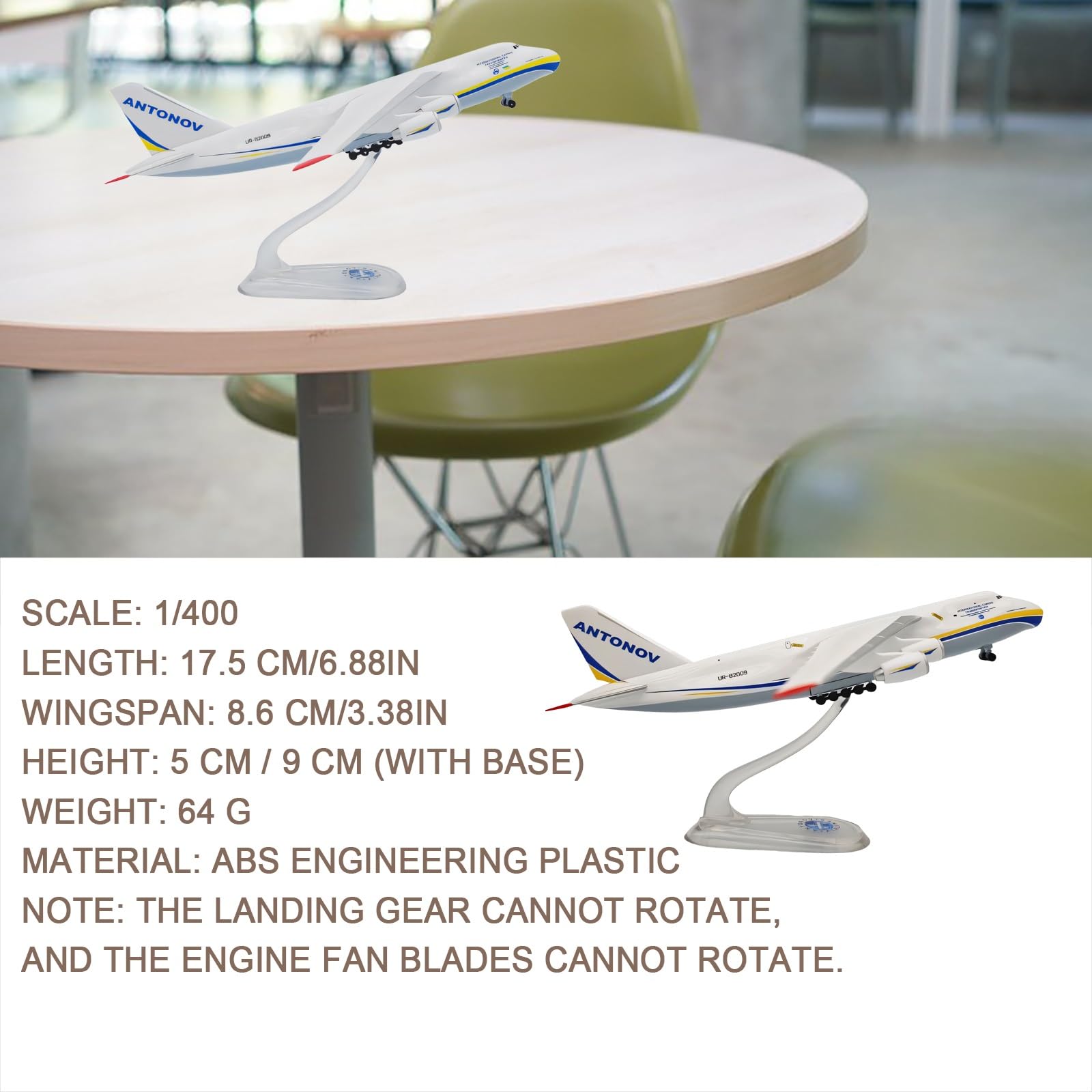 Aereo modello Antonov An-124 in scala 1:400 - Lega pressofusa ad alta precisione, livrea realistica dell'Ucraina e supporto espositivo | Decorazioni aeronautiche collezione for appassionati