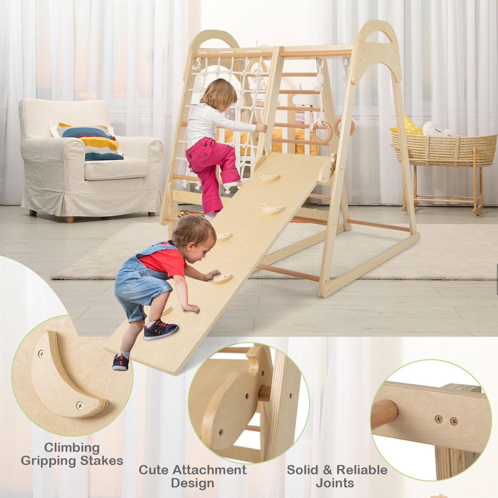 LIFEZEAL 6 in 1 Kletterdreieck Indoor, Klettergerüst mit Rutsche aus Holz, Kletternetz & Kletterleiter & Ringe, Kinderspielplatz Kletterspielzeug ab 3 Jahre