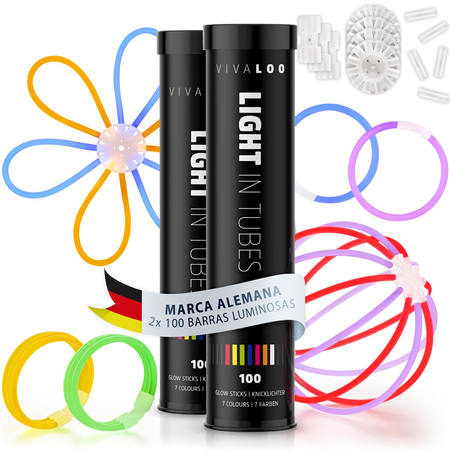 Vivaloo 100 Pulseras Luminosas Fluorescentes 7 Colores - Barritas Luminosas, Barritas luminosas de neón, Accesorios para Festivales, Decoración para Fiestas