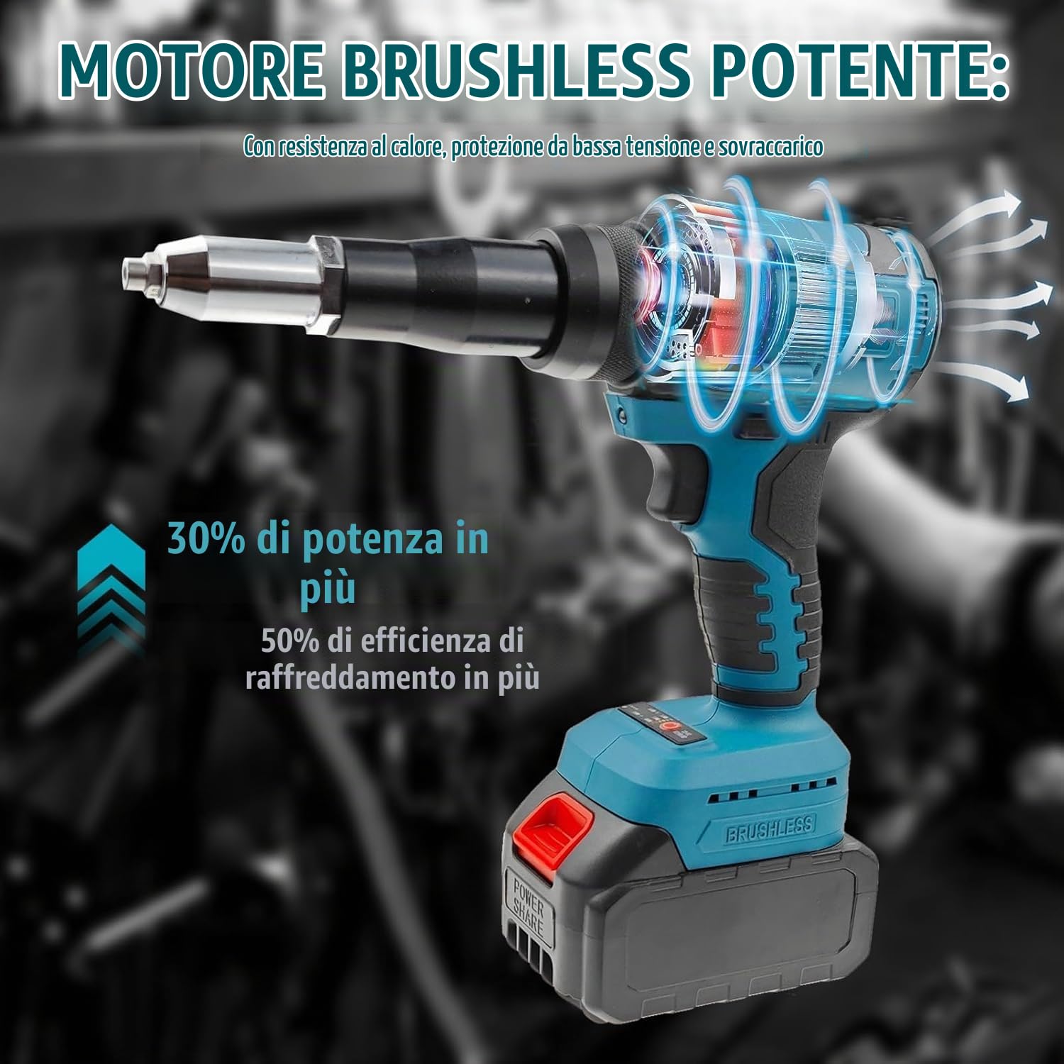 Rivettatrice Elettrica con doppia Batteria 98V 6Ah 250Nm 0-2600/0-3200Giri/min Motore Brushless per Rivetti Ciechi Ø3,2-4,8mm Rivettatrice Portatile con Luce LED