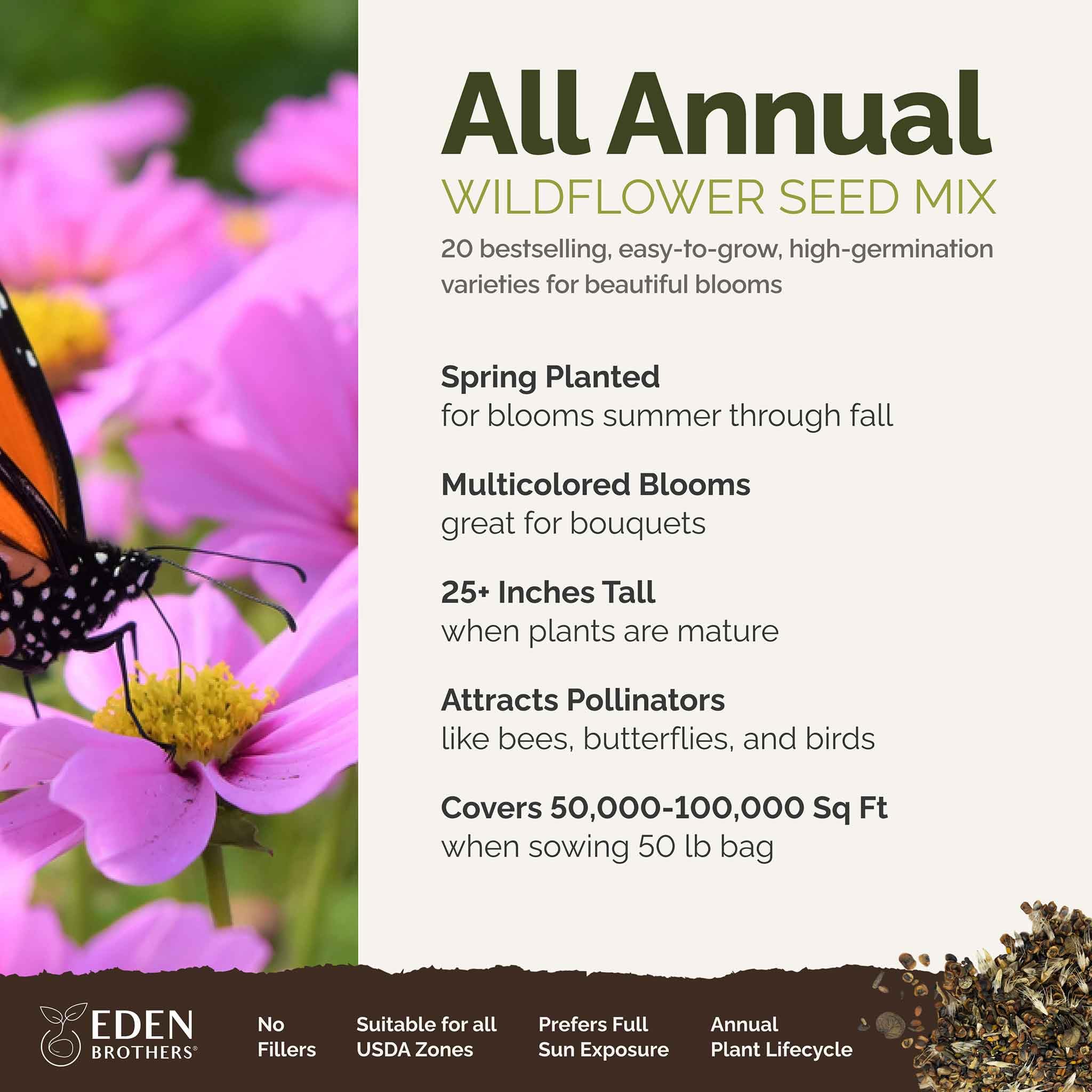Amazon.com : Eden Brothers All Annual Wildflower Mixed Seeds for Planting, 50  lb, 24,000,000+ Seeds with Sunflower, Indian Blanket | Attracts  Pollinators, Plant in Spring or Fall, Zones 3, 4, 5, 6, 7, 8, 9, 10 :  Patio, Lawn & Garden