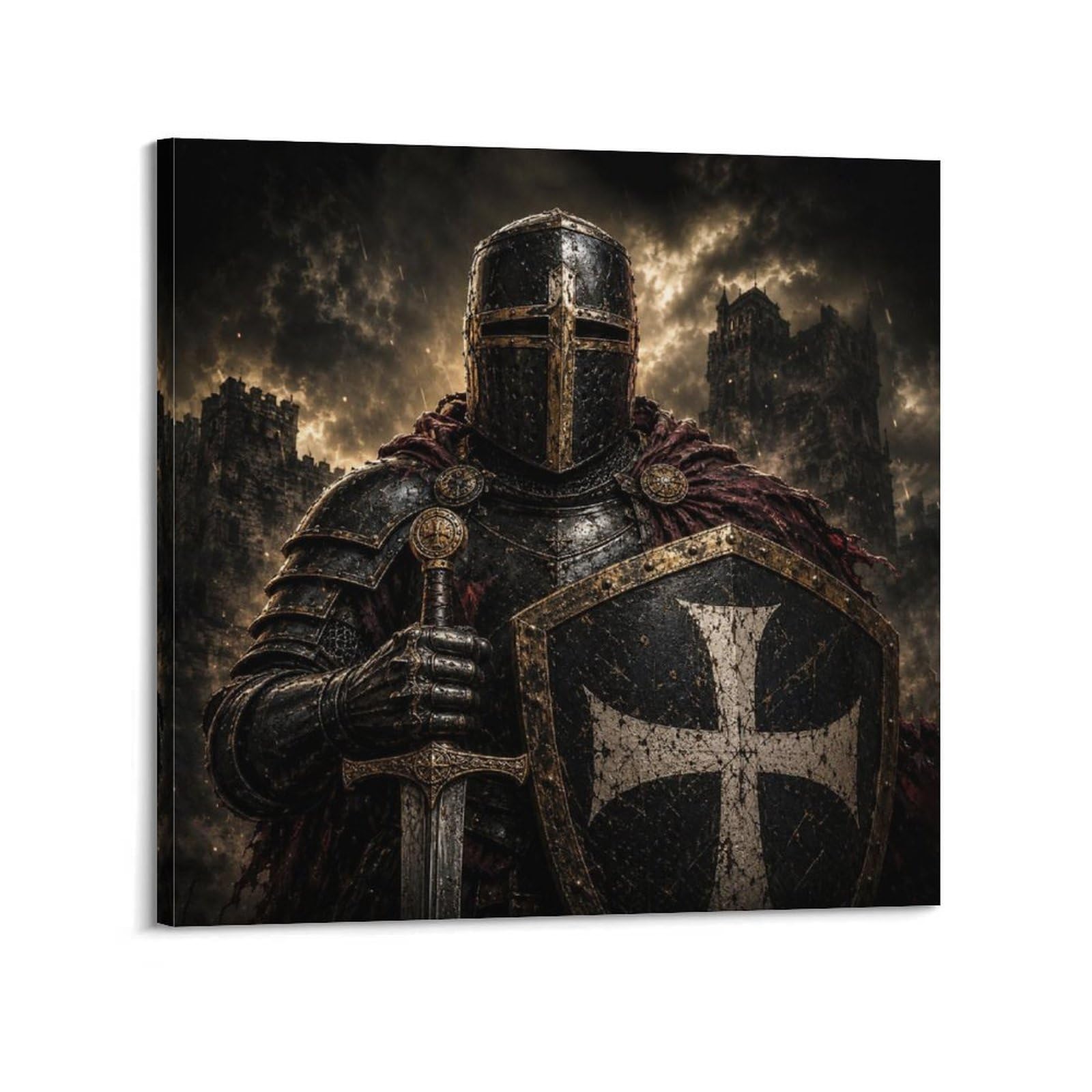 XKUGA Gothic Hospitaller Knight Poster Black Shield Gold Armor Modern Decorative Canvas Prints - Ideal Wall Art for Family, Man Cave, Game Room, Boys & Girls Bedroom 16x16inch(40x40cm)