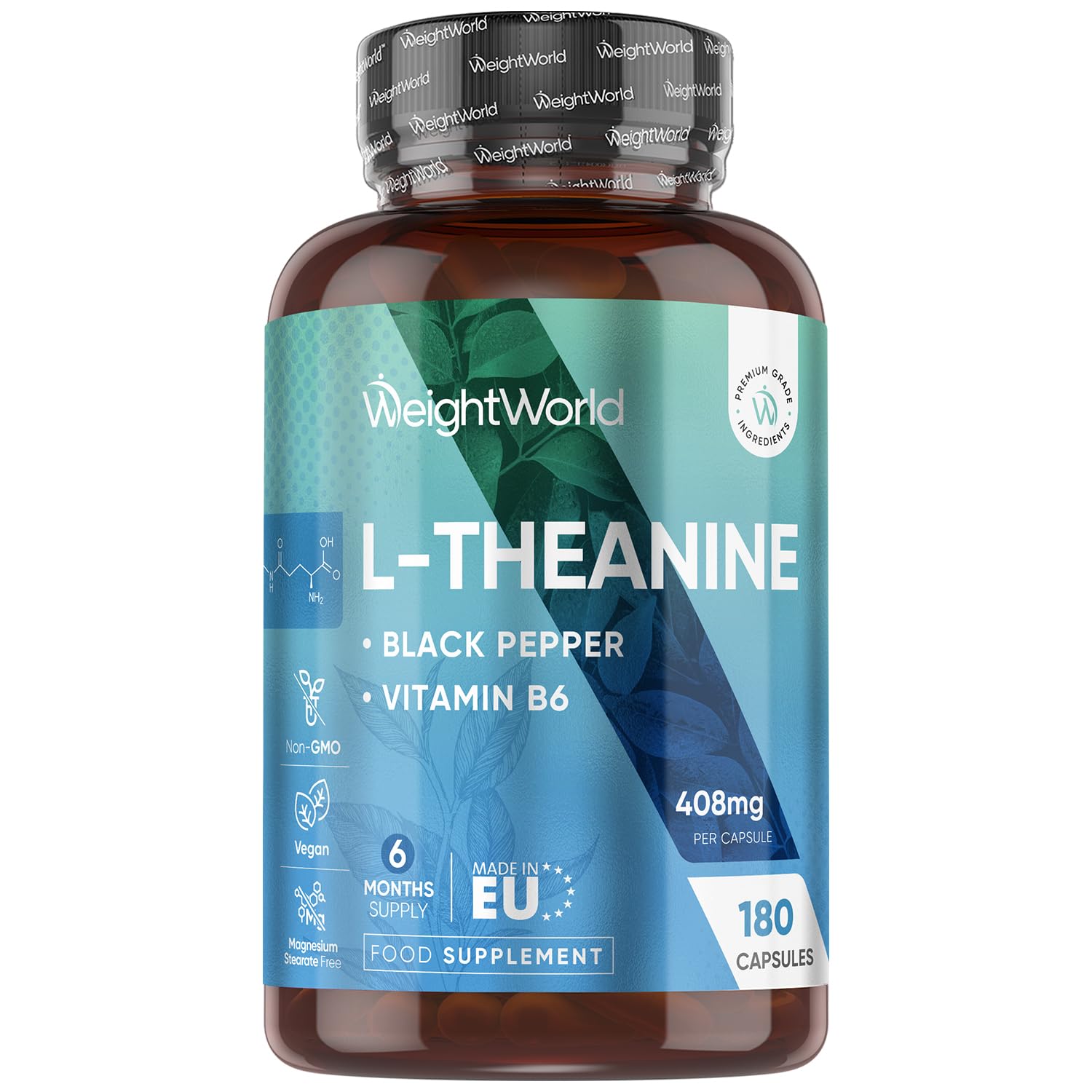 L-Theanine 408mg - 180 Capsules - 6 Months Supply | with Vitamin B6 & Black Pepper | 1 Capsule per Day | Vegan, Gluten-Free & Non-GMO - L Theanine Supplement for Men & Women - Made in Europe