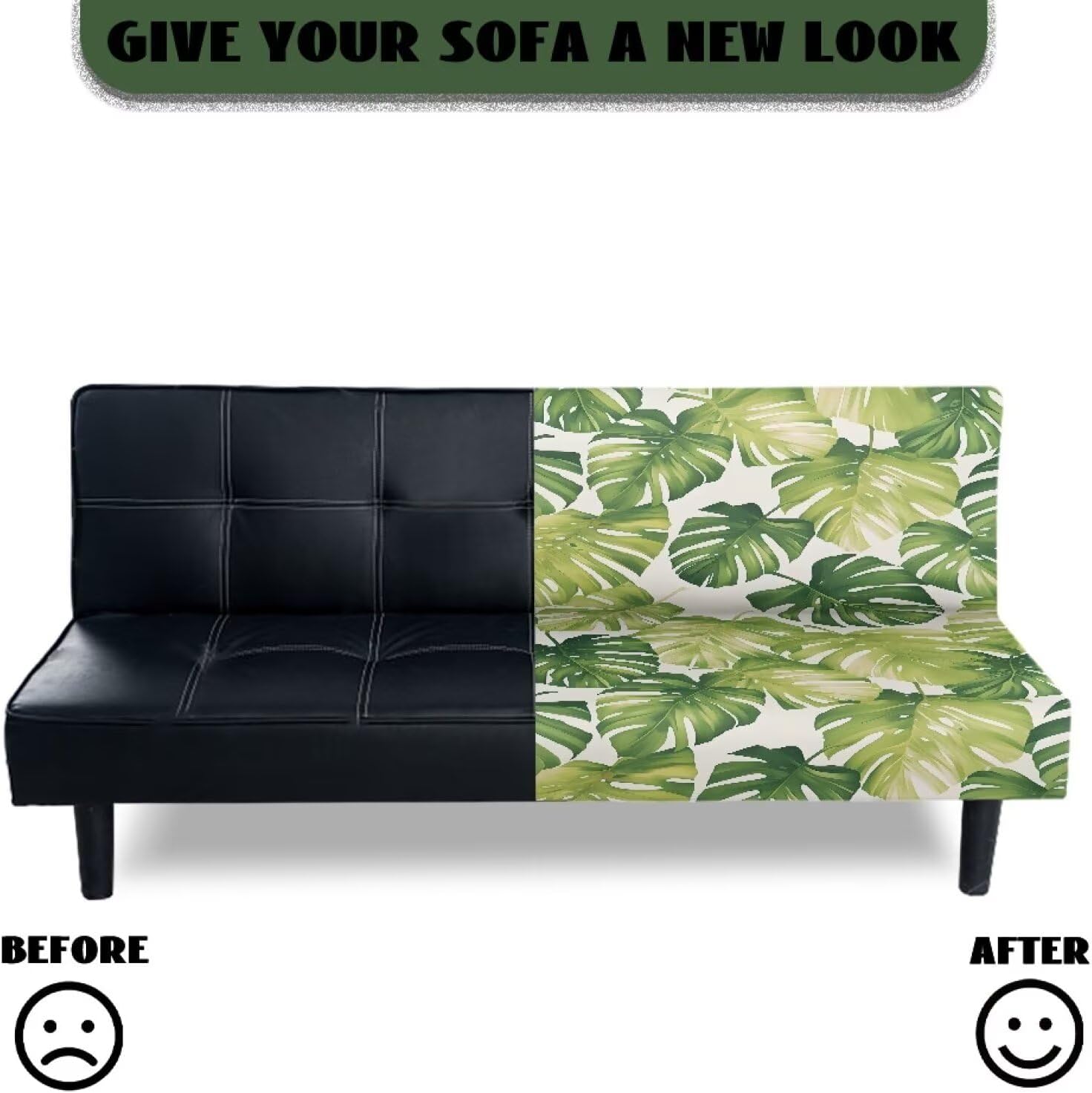 Tropical Leaf Washable Sofa Cover Without Armrests, Comfy Soft Armless Futon Cover, High Stretch Sofa Bed Slipcover Protector, Easy to Clean