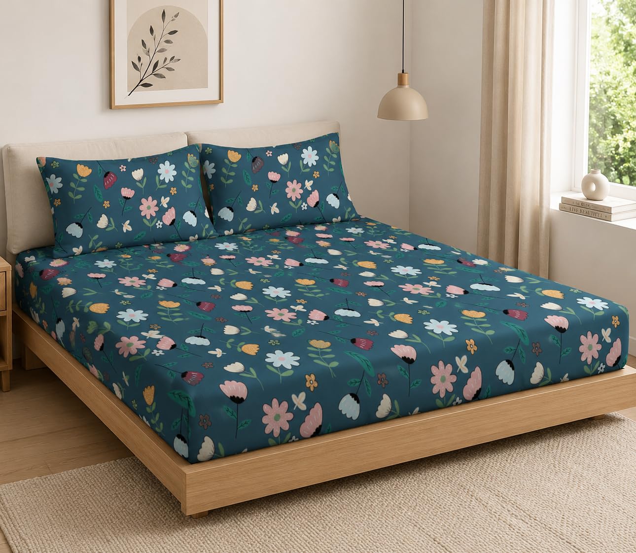 LOOMLYFE 300 TC Cotton Feel Glace Cotton Elastic Fitted Printed King Size Double Bed Bedsheet with 2 Pillow Covers Fits Upto 8 inches Mattress, Size- 72X78 Inches, Blue multiflower