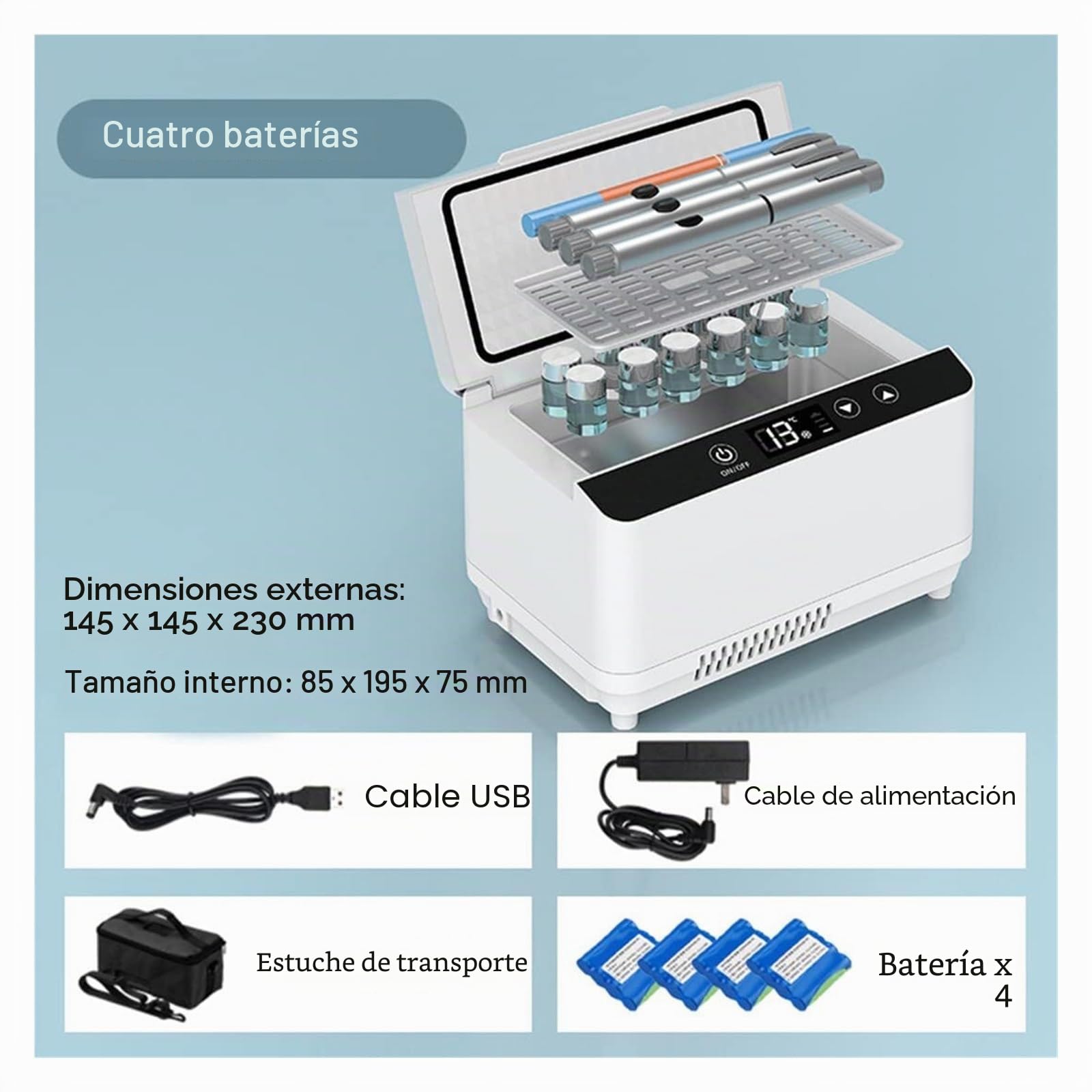 Nevera Portátil para Insulina y Medicamentos - Estuche Térmico Silencioso con Carga USB | Almacena 8 Plumas o 75 Cartuchos | Mantiene 2-8°C para Diabéticos
