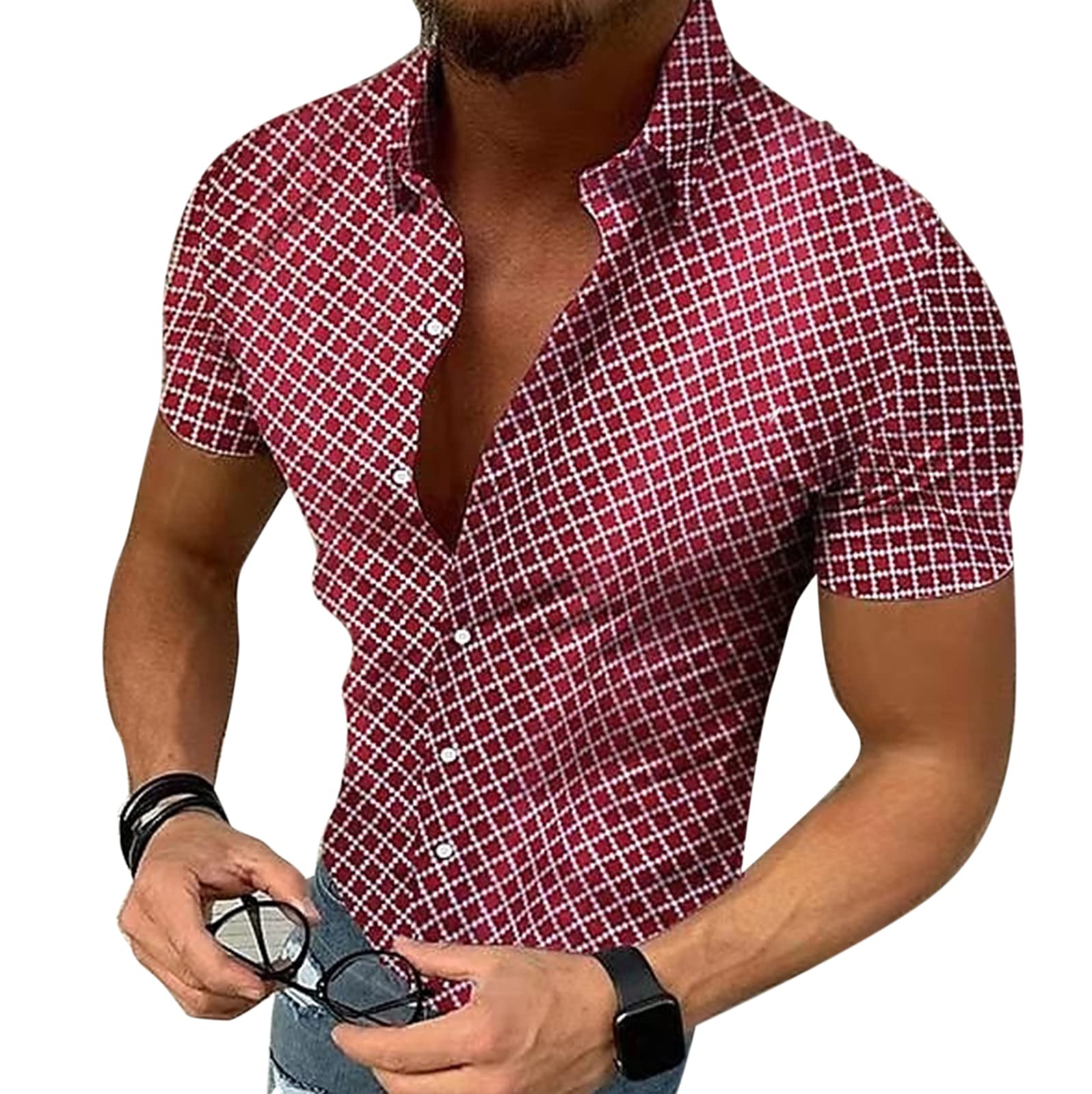 kewing Men's Plaid Hawaiian Shirts Short Sleeve Button Down Beach Shirt Red