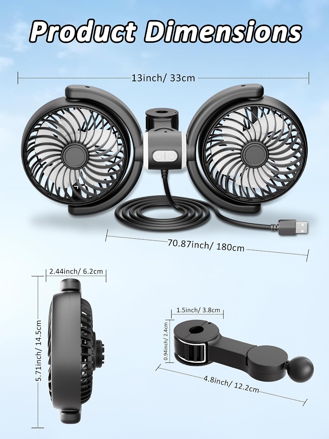 USB Car Fan for Backseat Baby- Portable Dual Head USB Cooling Headrest Fan with 3 Speed, 360° Rotatable USB Powered Air Circulation for Vehicle Rear Seat Van Truck SUV RV