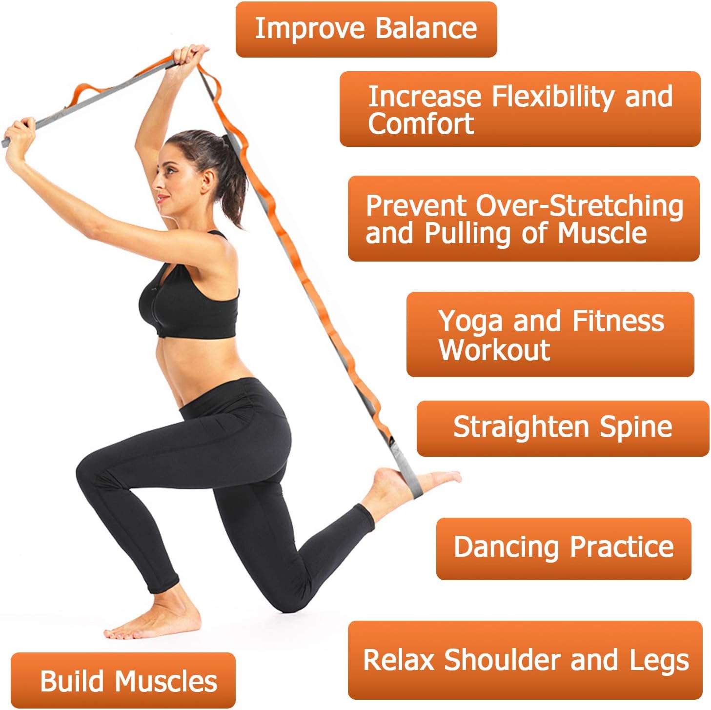 Yoga Strap, Stretch Strap with 12 Loops, Nonelastic Stretch Bands for Exercise, Physical Therapy, Pilates, Dance and Gymnastics, Extra Thick, Durable, Comes with Travel Bag and Door Anchor-Orange : Sports & Outdoors