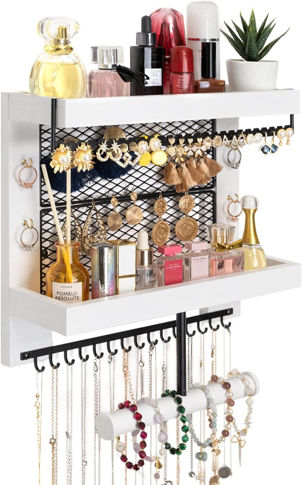 Pinzoveco Hanging Jewelry Organizer Wall Mounted With Wall Jewelry Organizer Holder For Necklaces Bracelet Earrings Ring (White)