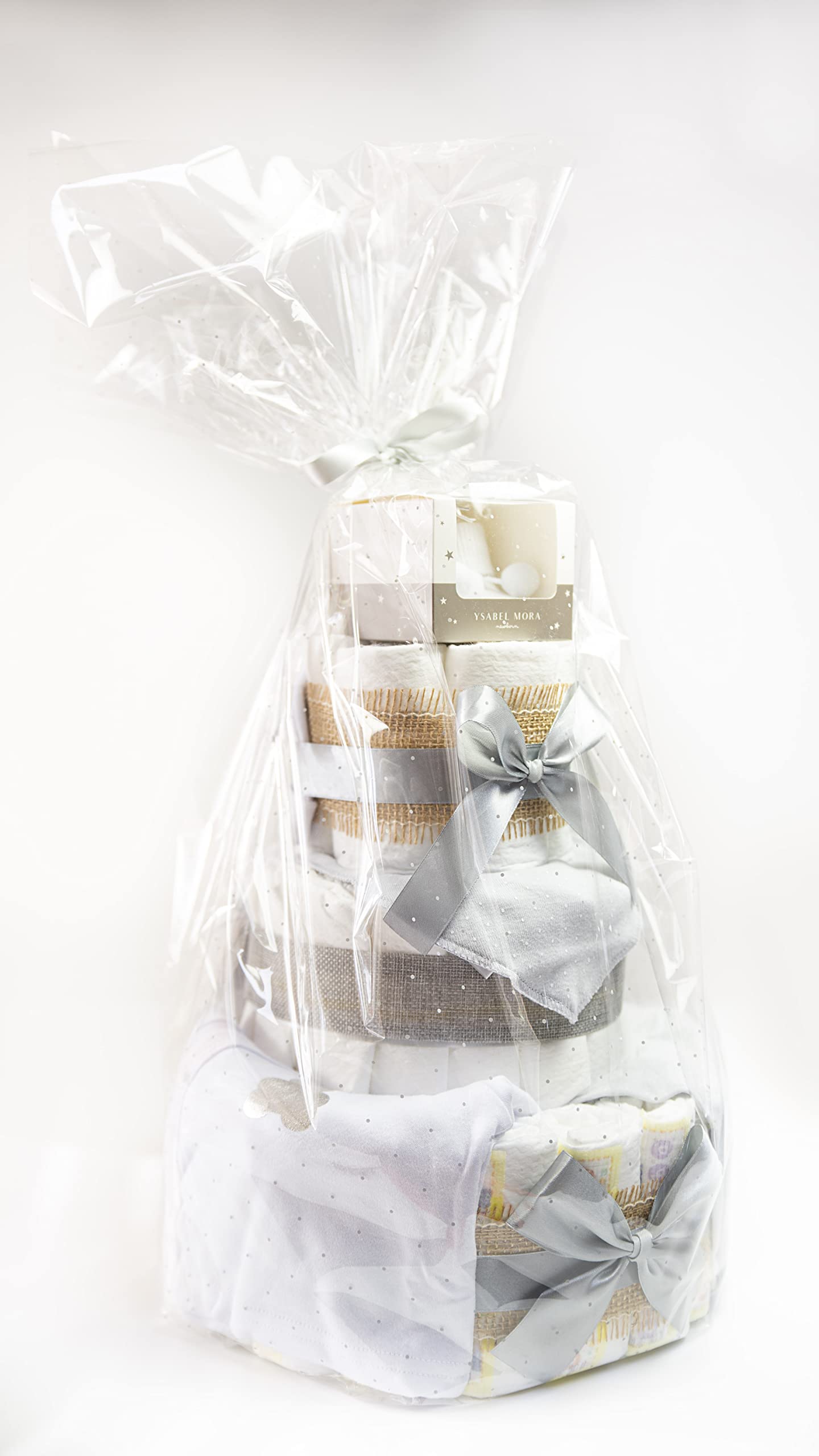 Tarta De Pañales DODOT y Conjunto Bebé 3 pisos - Regalo Original Para Recién Nacido - Incluye DEDICATORIA - Tarta Pañal Bebé Con Ropa 0-6 meses (Gris Unisex)