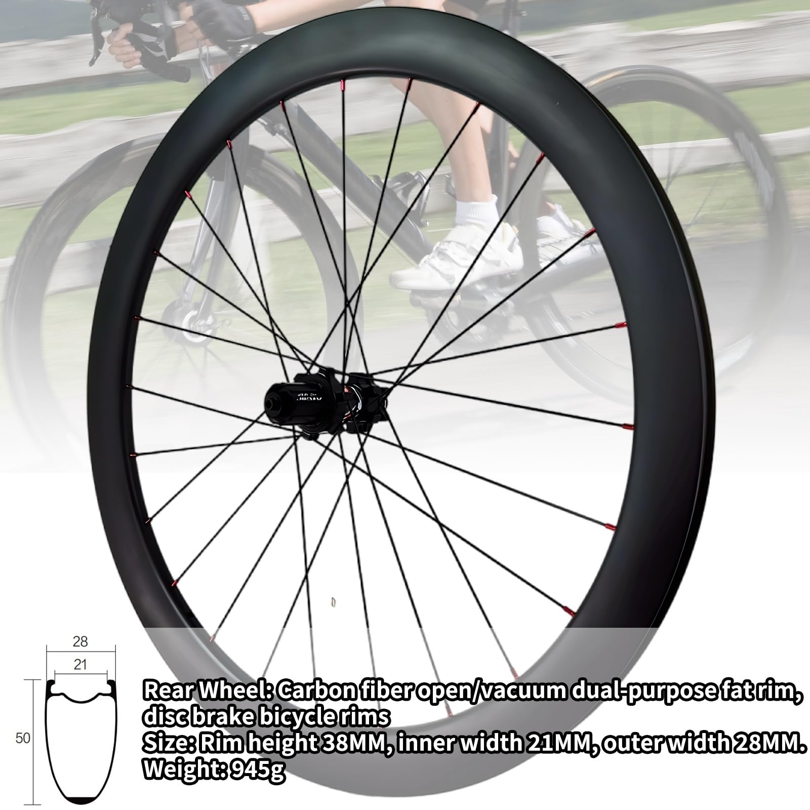 Set di Ruote per Bici da Corsa 700C Cerchi in Fibra di Carbonio Altezza 38/50mm Sgancio Rapido Freno A Disco Mozzo 24H Straight Pull per Cassetta 7-12 velocità(50MM)