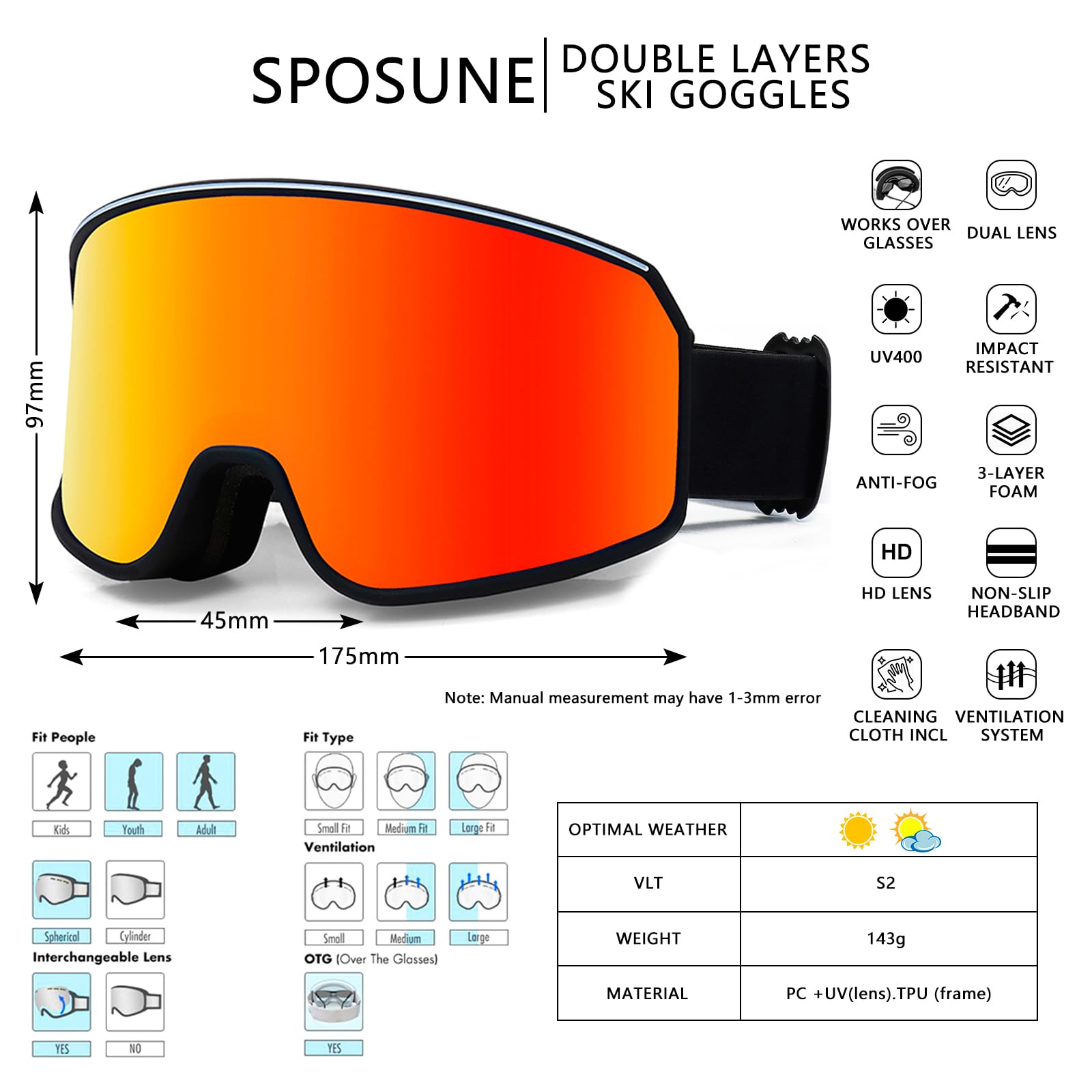 SPOSUNE Ski Goggles Over Glasses with Dual lens, Black&Red Lens, 6.69 x 3.54 inch - Image 3