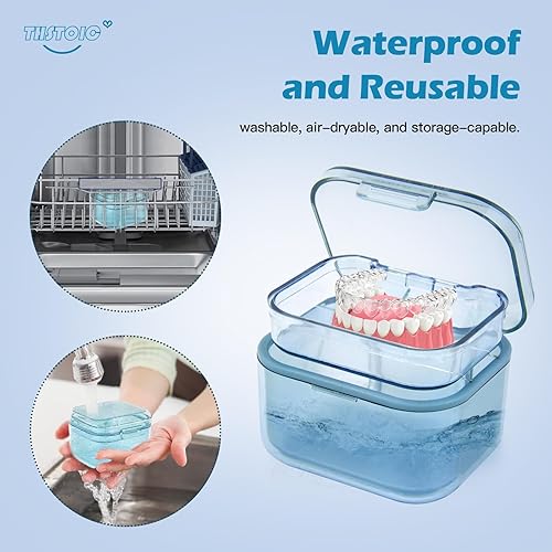 Miniatura 5 de Estuche de dentadura y taza  Soporte de baño de dientes falsos, contenedor de limpieza de dentaduras postizas de viaje para remojar, retener,