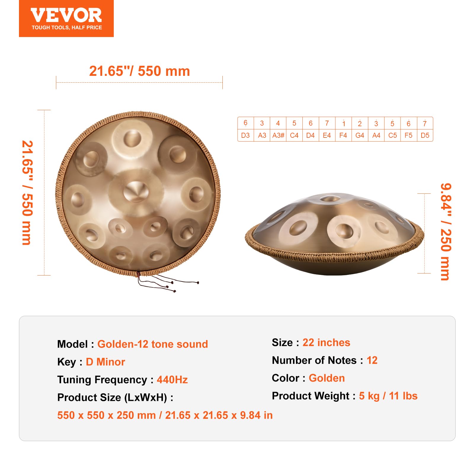 VEVOR Tamburo Handpan, Tamburo Handpan da 55,88 cm 12 Note in Re Minore con mazze, Supporto per Handpan 440Hz e Borsa Trasporto, Tamburo Curativo in Acciaio, Strumenti a Percussione per Principianti