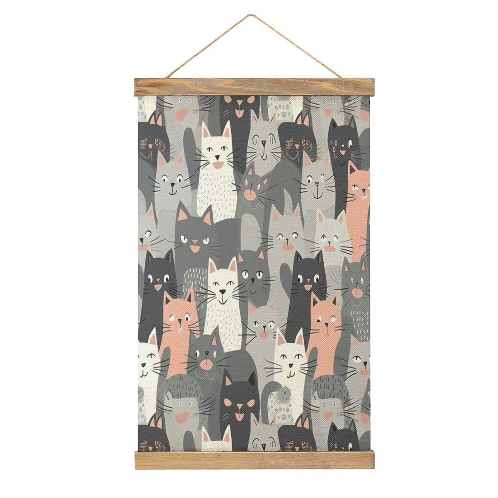 JTREHY Cute Funny Grey Cats Pattern Linen Hanging Painting Vintage Poster Wall Art Prints Personality Style Wall Hanging Poster for Living Room Office Bedroom Decor Frame 13.2 X 20.47 Inch