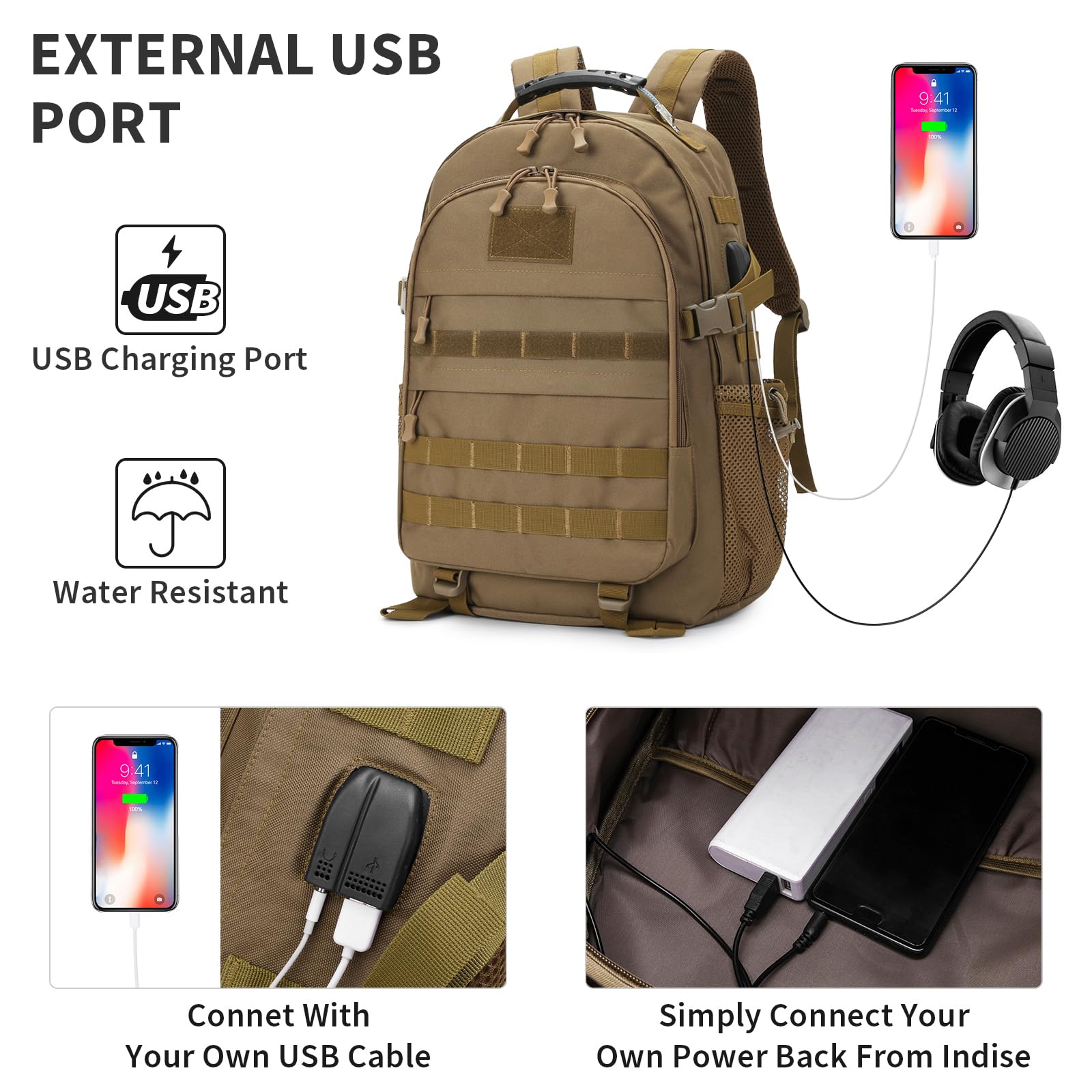 HUNTVP Mochila táctica militar de 40 L, mochila grande del ejército de 3 días, mochila de asalto Molle, mochila de caza WR, Marrón oscuro, Mochila táctica Militray, mochila táctica de senderismo