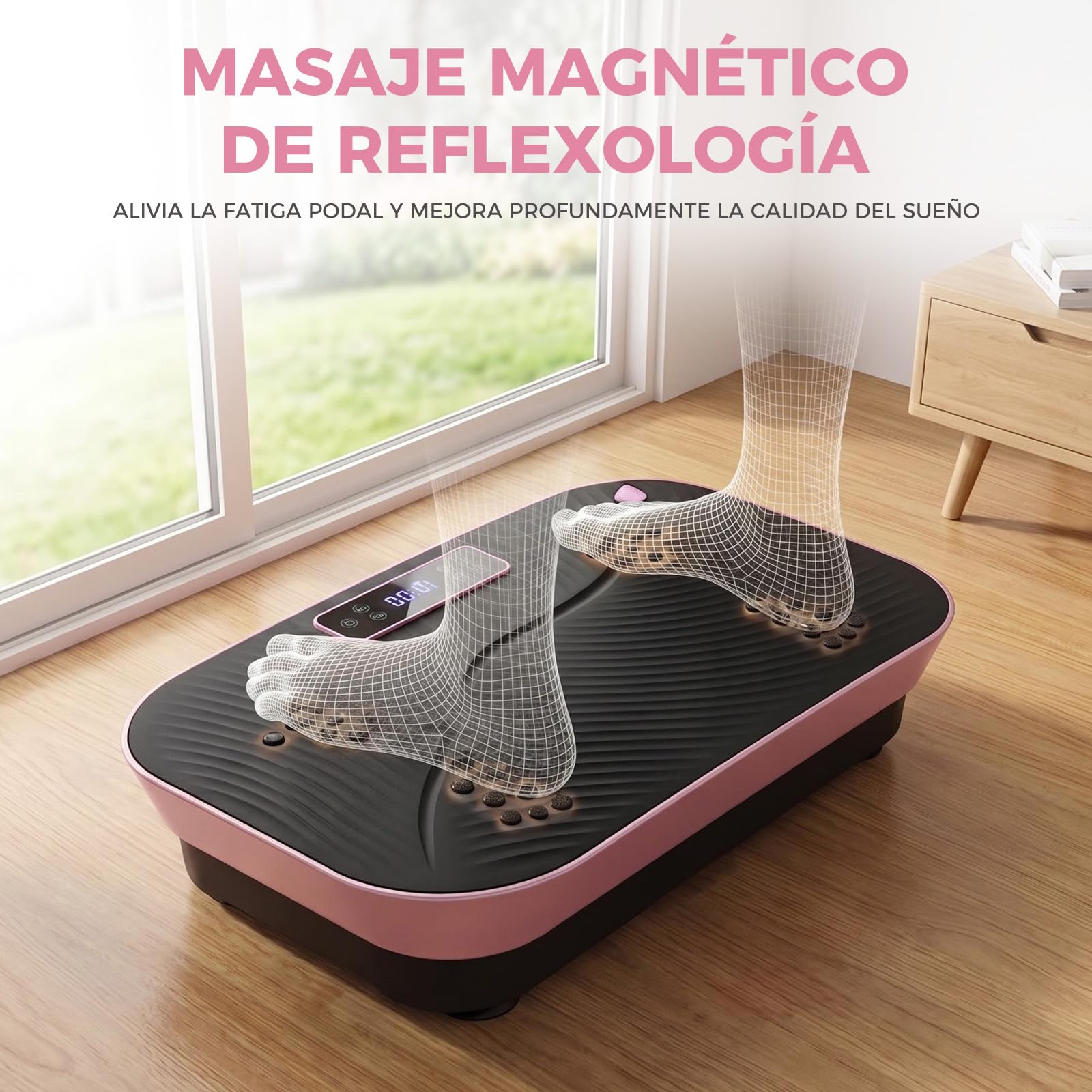 Plataforma Vibratoria Fitness, Máquina Vibratoria para Adelgazar con Bluetooth, Masaje Magnético, Base XL 57cm, Soporta 300 LB, con Bandas