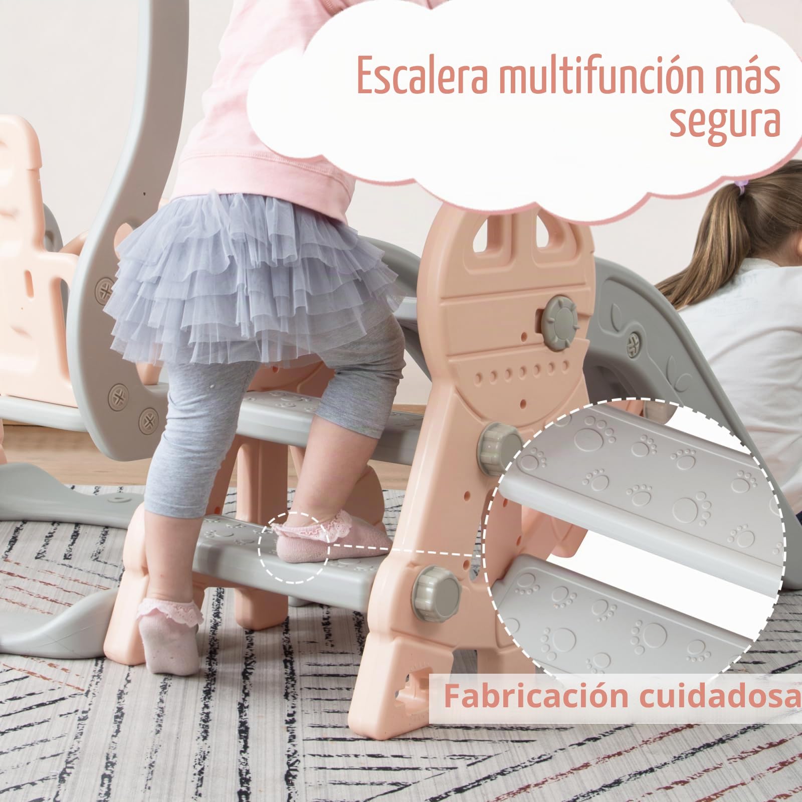 Tobogán infantil para interiores a partir de 1-6 años, columpio 4 en 1 con soporte de baloncesto, escalera de escalada, columpio, tobogán de jardín, niños y niñas, rosa