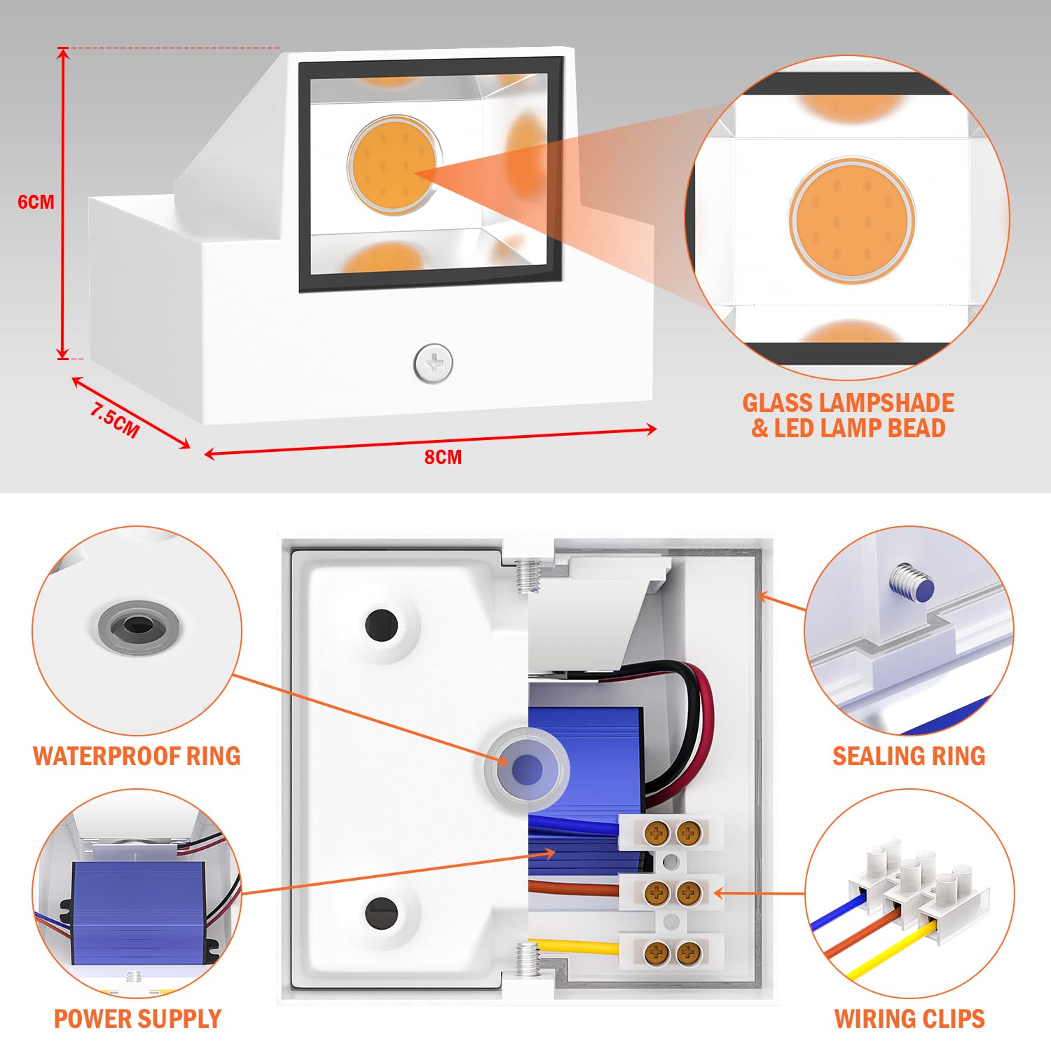 YrgePowk 4 Pezzi Applique da Parete Interno Bianco Caldo 3000K, Lampada da Parete LED 6W 500LM Design Moderno IP54 Impermeabile Aapplique da Esterno in Alluminio - Bianco